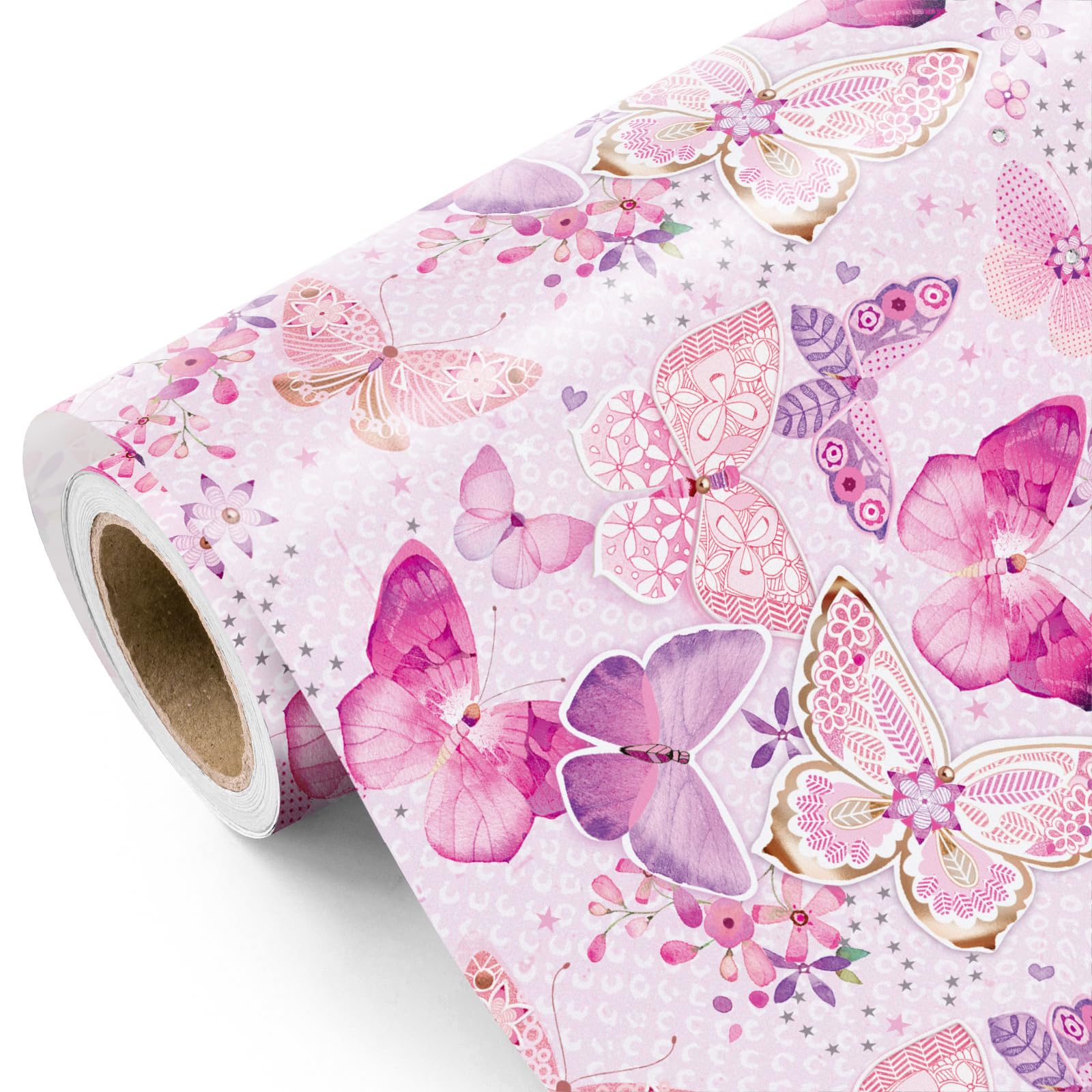 RUSPEPA Pink Butterfly Wrapping Paper Roll - Mini Roll - 43.2cm x 5m - Fantasy Butterfly Design, Perfect for Birthday, Wedding, Bridal Shower — image 1