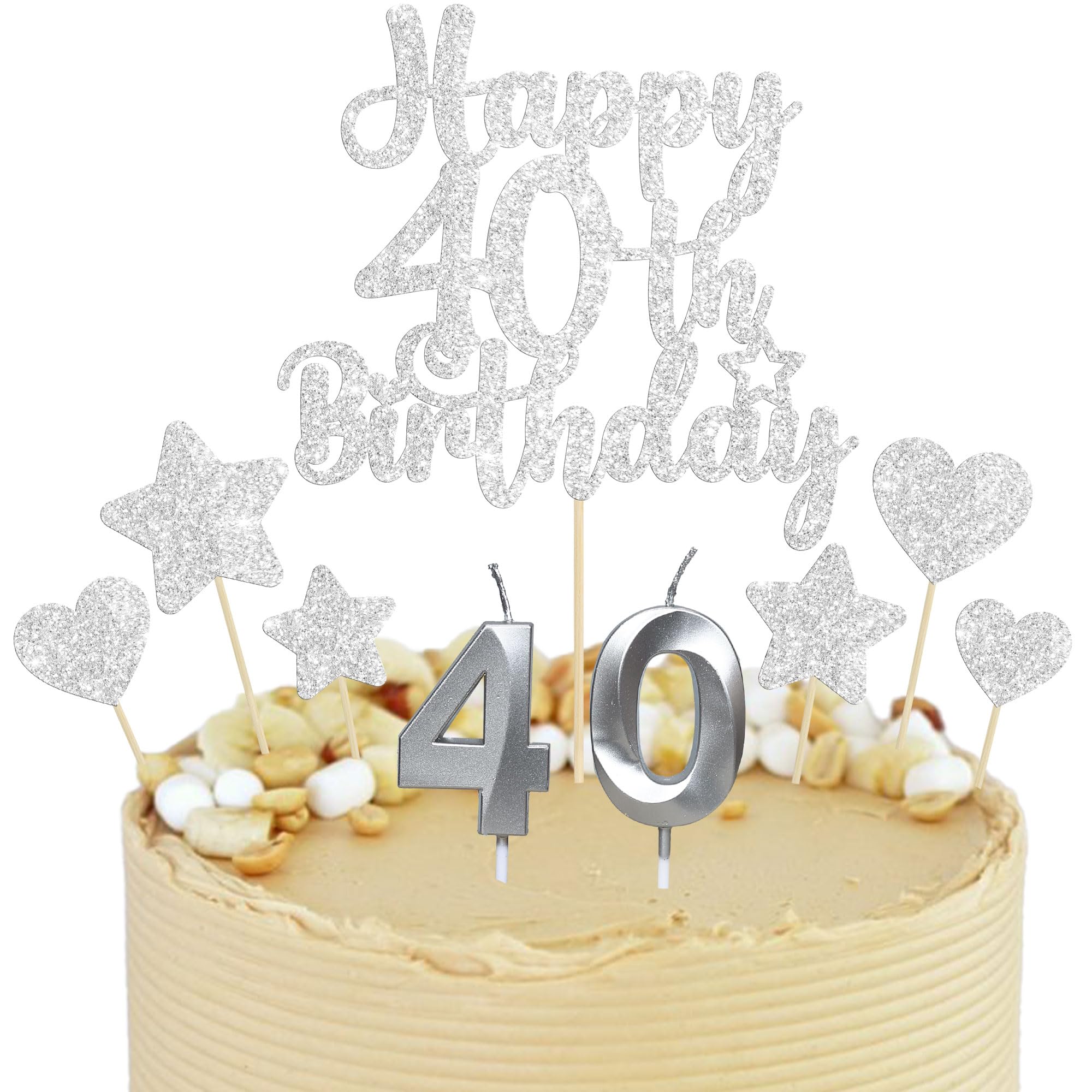 Gyufise 15Pcs Happy 40th Birthday Cake Topper Set with Heart Star Glitter Cheers to 40 Years Cake Picks Number 40 Candles Cake Decorations for Happy 40th Birthday Anniversary Party Supplies Silver