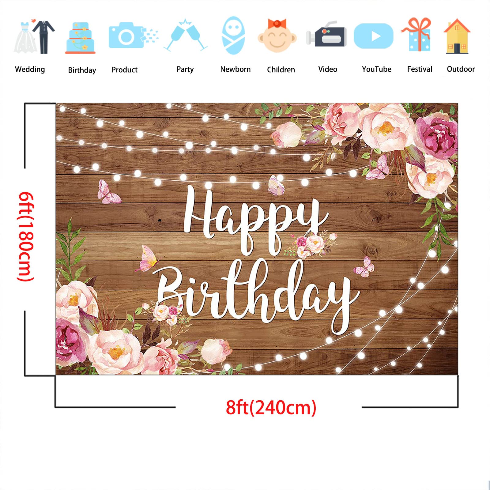 Toile De Fond Anniversaire Fille « Happy Birthday » Rose Floral Pailleté – 2.1x1.5 M, Vinyle Photo Booth, Fête Prénatale, Paillettes & Papillons