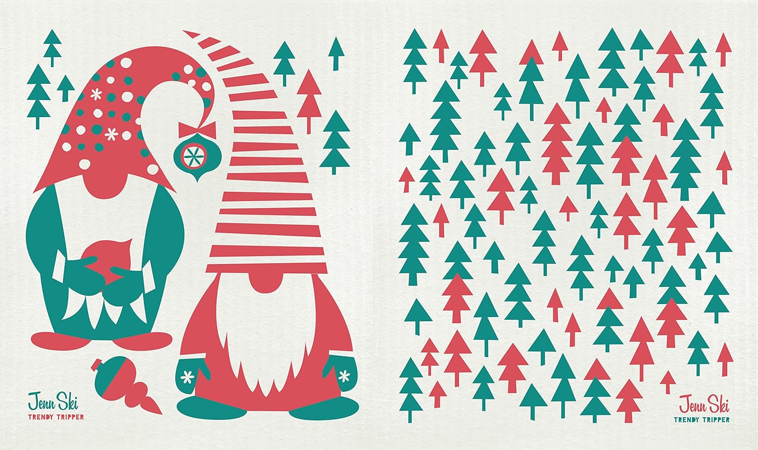 Earth-Friendly Reusable Compostable Eco Sponge Cloth | AKA Swedish Dishcloth | Artist Jenn Ski Christmas Holiday Designs 2-Packs (2-Pk: 1 Gnome + 1 Forest)