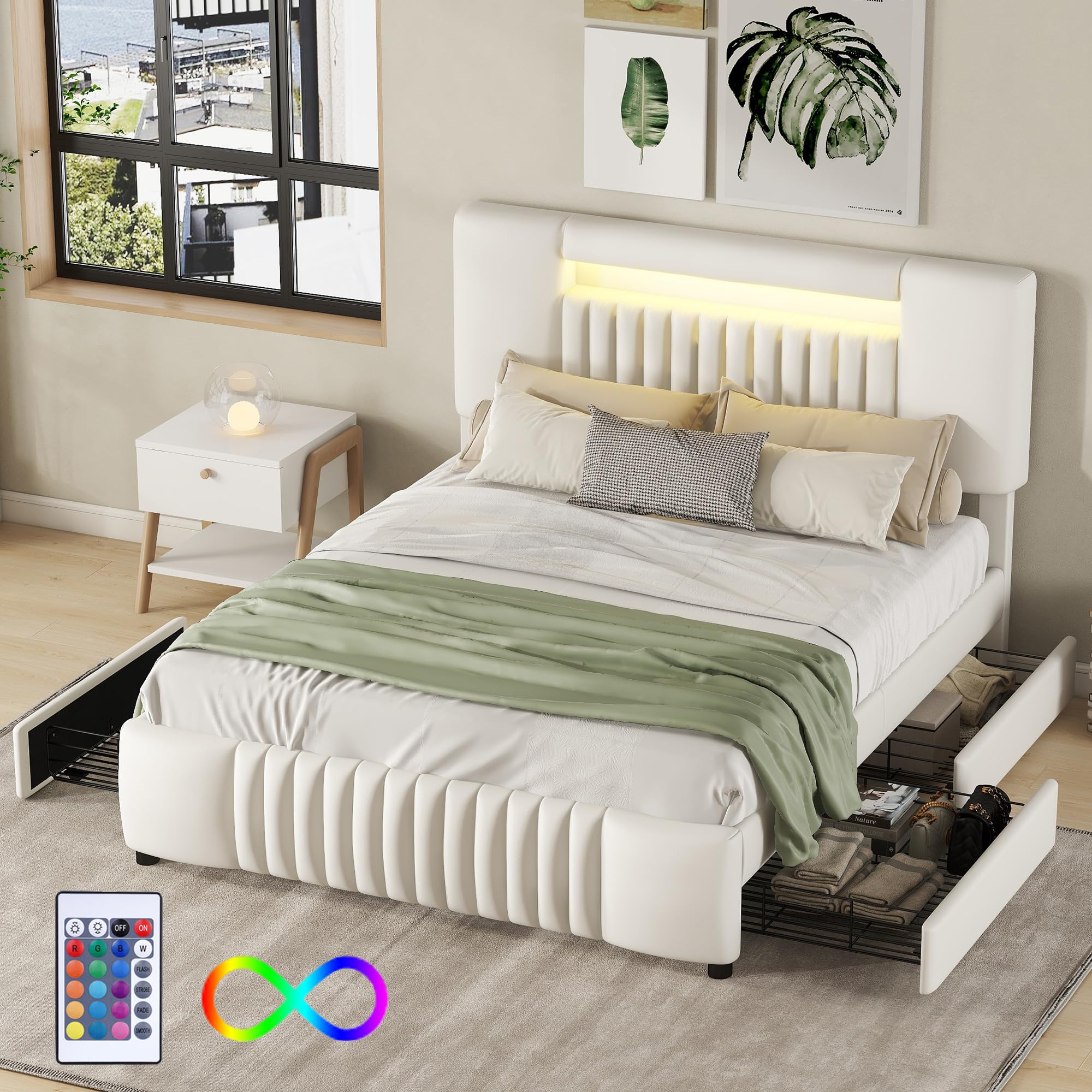 Kehun Polsterbett 140x200 Cm Mit LED-Kopfteil & 4 Schubladen – Stauraumbett In Grau Leinen