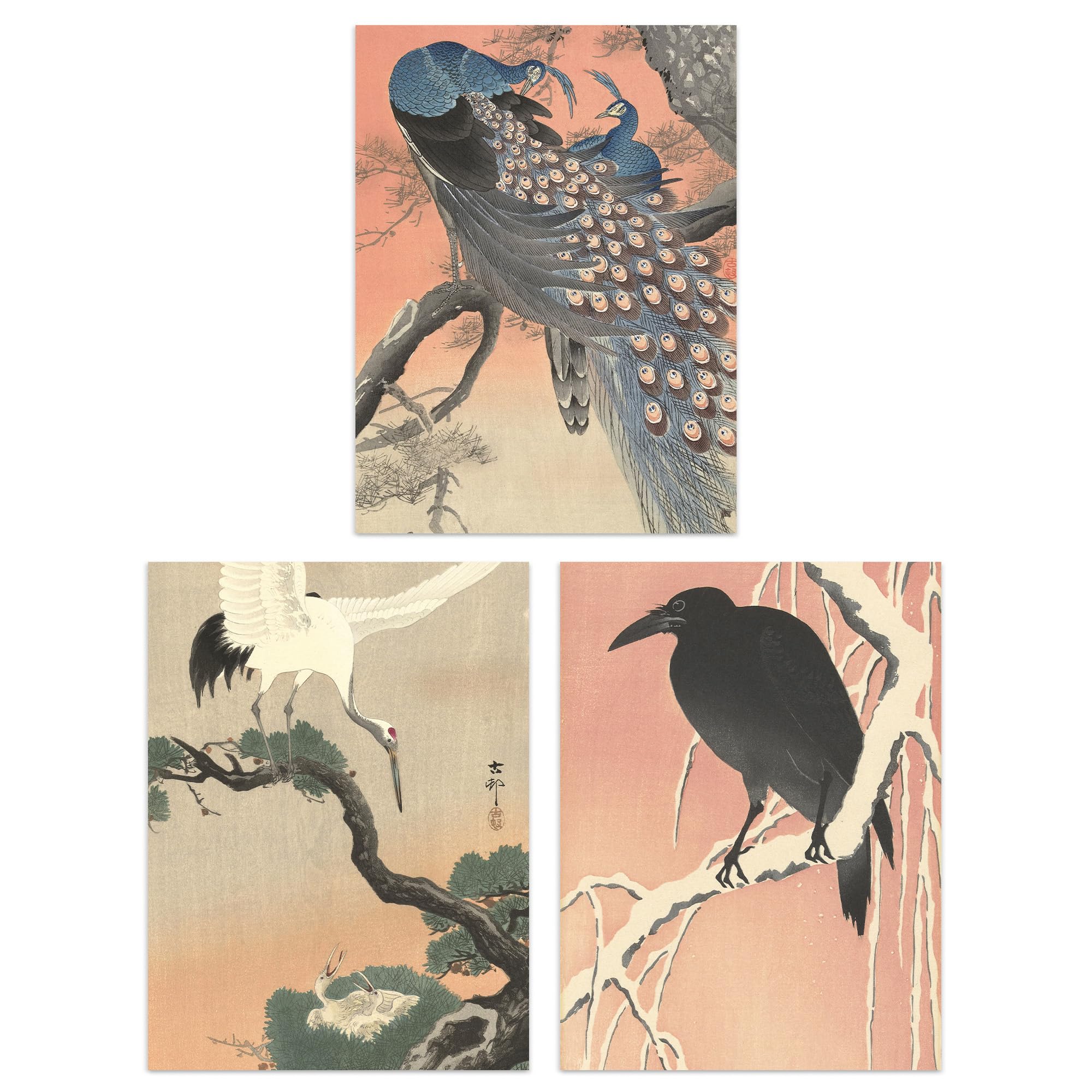 Artery8 Ohara Koson Pink - Set Of 3 Pack Of 3 A4 Ohara Koson Japan Kachō-E Bird And Flower Crow Crane Peacock Japanese Paintings Unframed Wall Art Living Room Prints Set