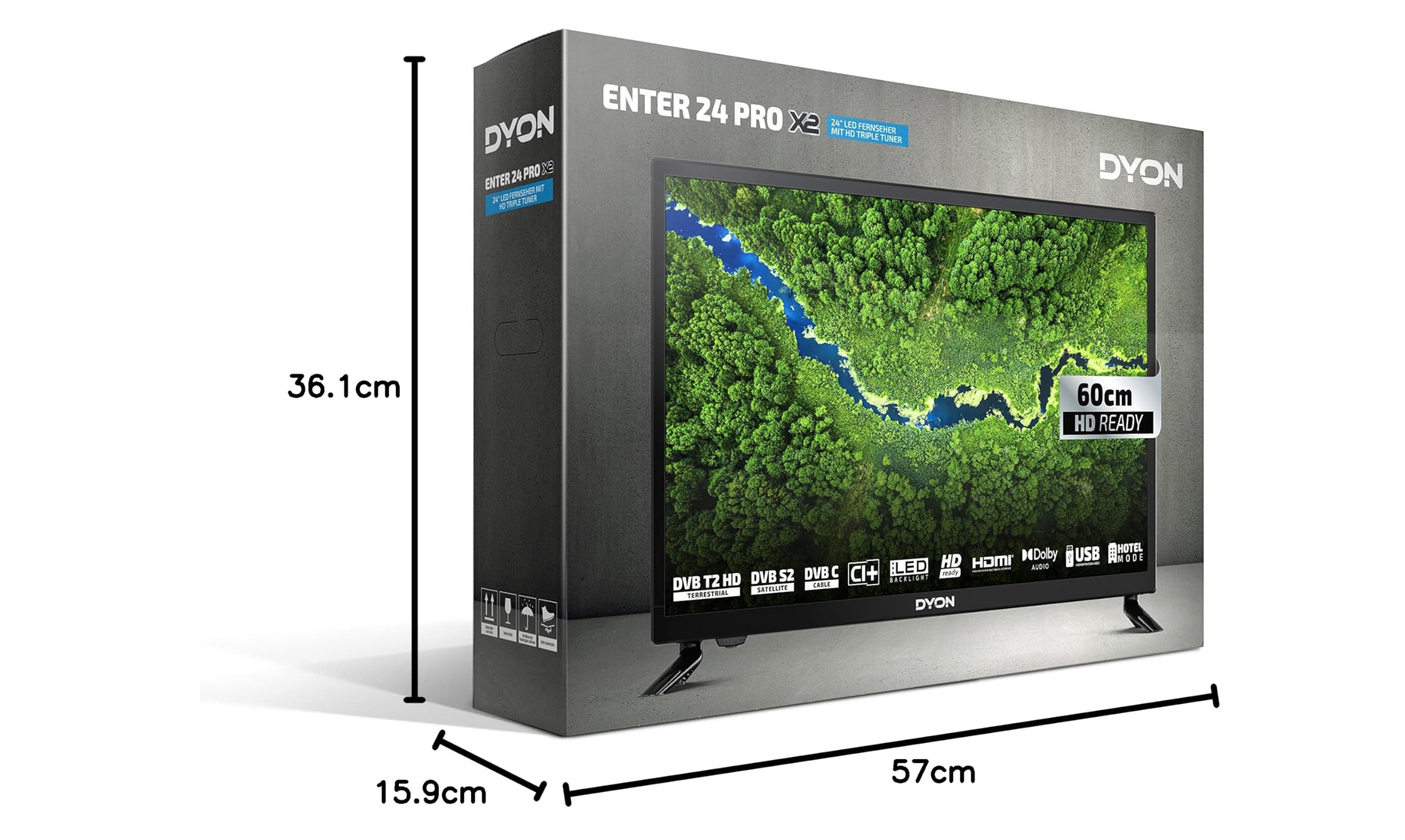DYON Enter 24 Pro X2-60 cm (24 cale) telewizor (Triple Tuner (DVB-C/-S2/-T2), tryb hotelowy, odtwarzacz multimedialny USB)