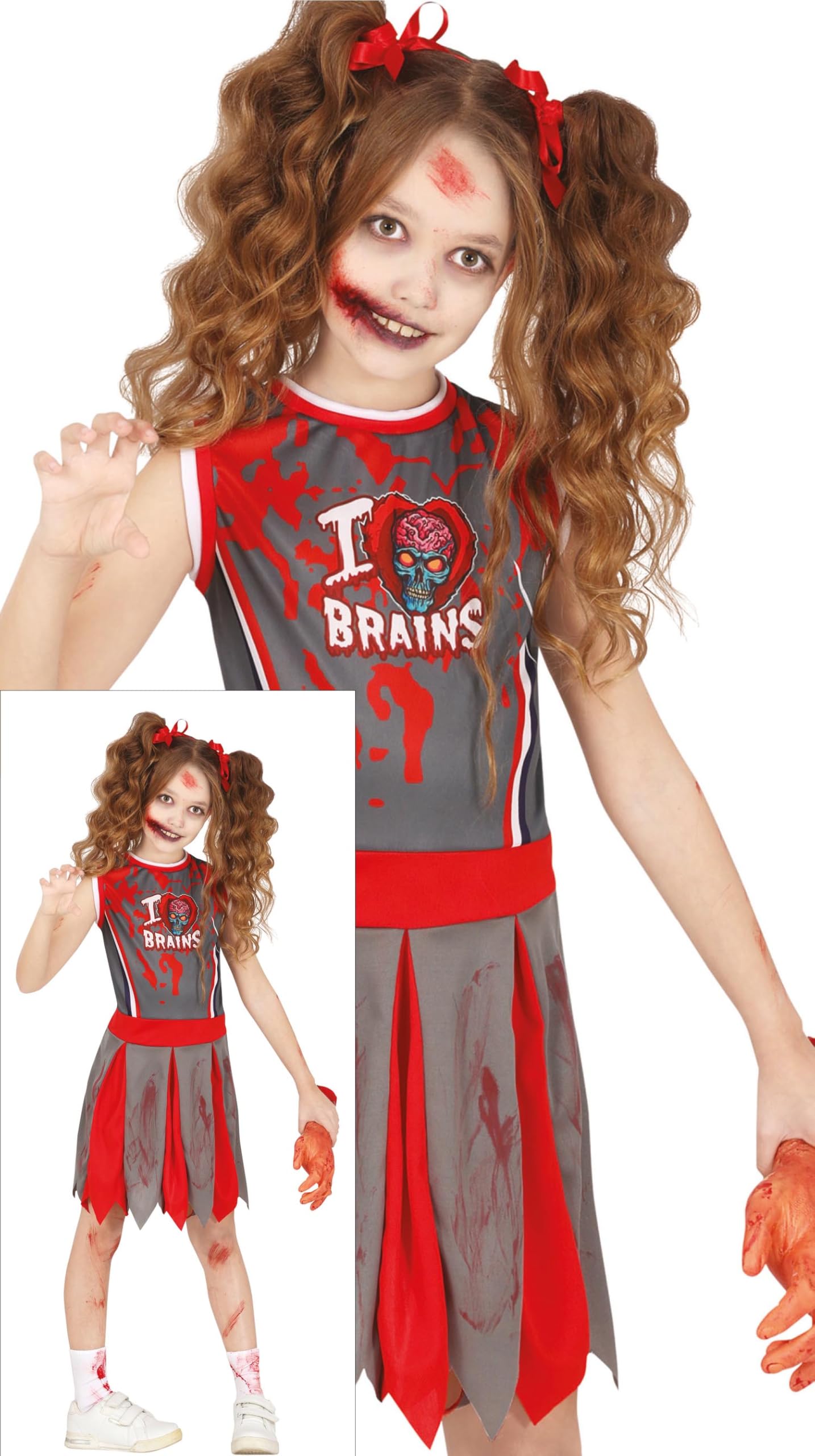FIESTAS GUIRCA Zombie Cheerleader Girls Fancy Dress Costume - Red & Grey Cheerleader Uniform - Halloween Girls Costumes Age 10-12 Years