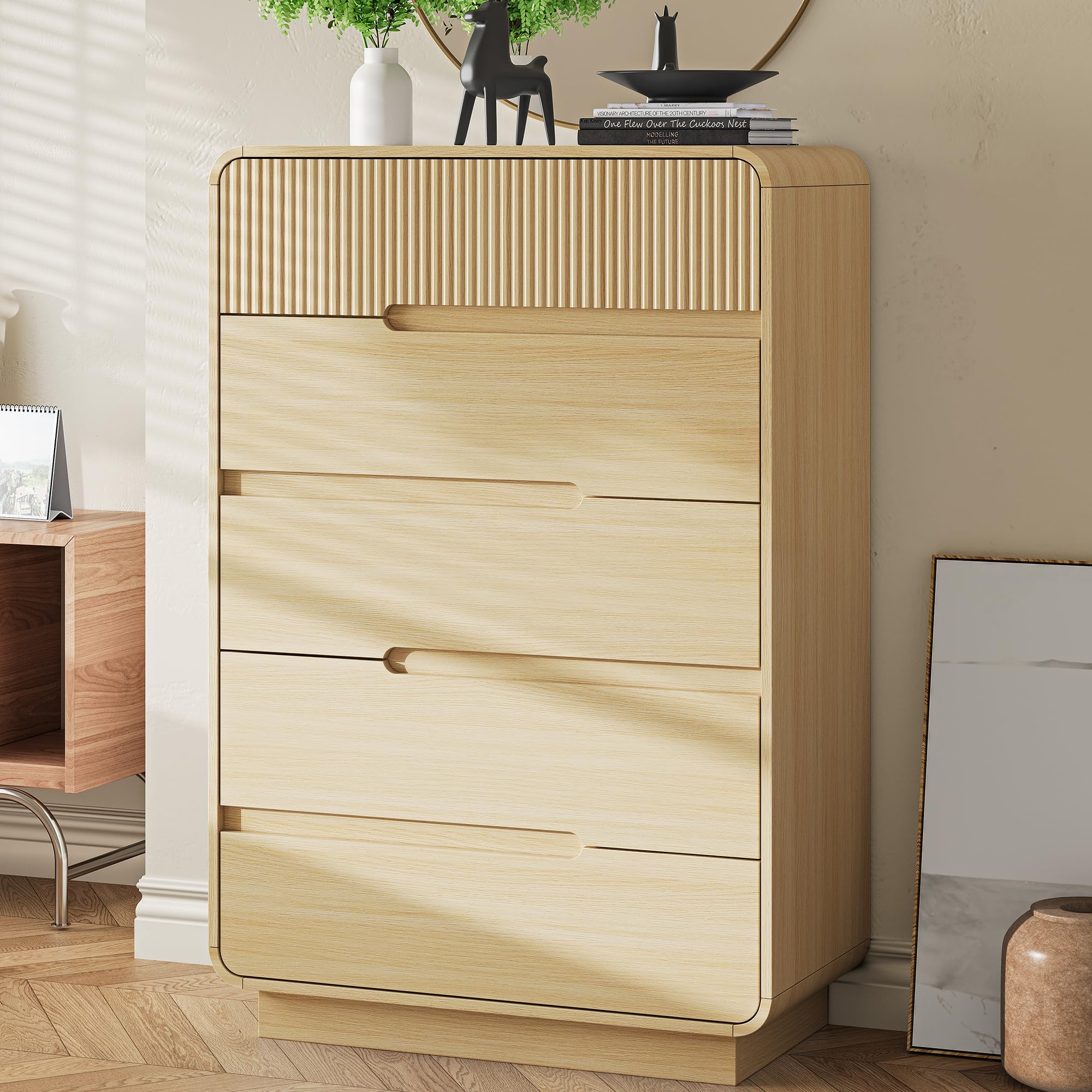 KSOBEBVT 5 Drawer Dresser Natural Oak, Safe Chest of Drawers with Silent Close Slides, Anti-Tipping Device, Easy Assembly,Wide Storage Cabinet for