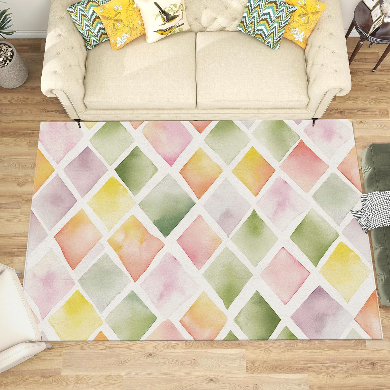 Tapis Salon 120X180Cm, Losange Abstrait Tapis Doux Poils Courts Aquarelle Géométrique Antidérapant Lavable pour Chambre, Décoration Intérieur Garçons Filles Adolescents, Vert Sauge