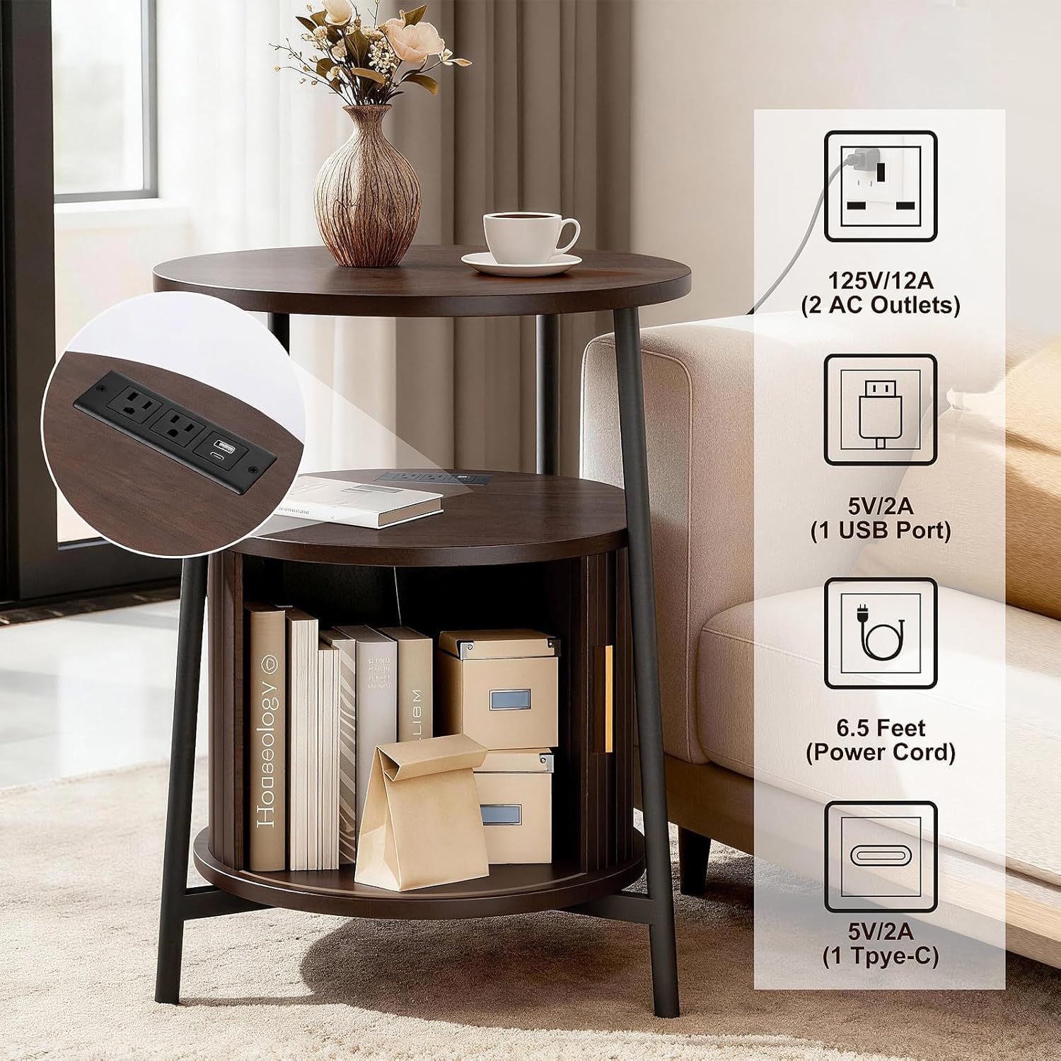 Round End Tables Set of 2: Fluted Side Table with Drawer & Charging Station, Mid-Century Modern Nightstand with Sliding Door for Small Space Storage, Living Room, Bedroom