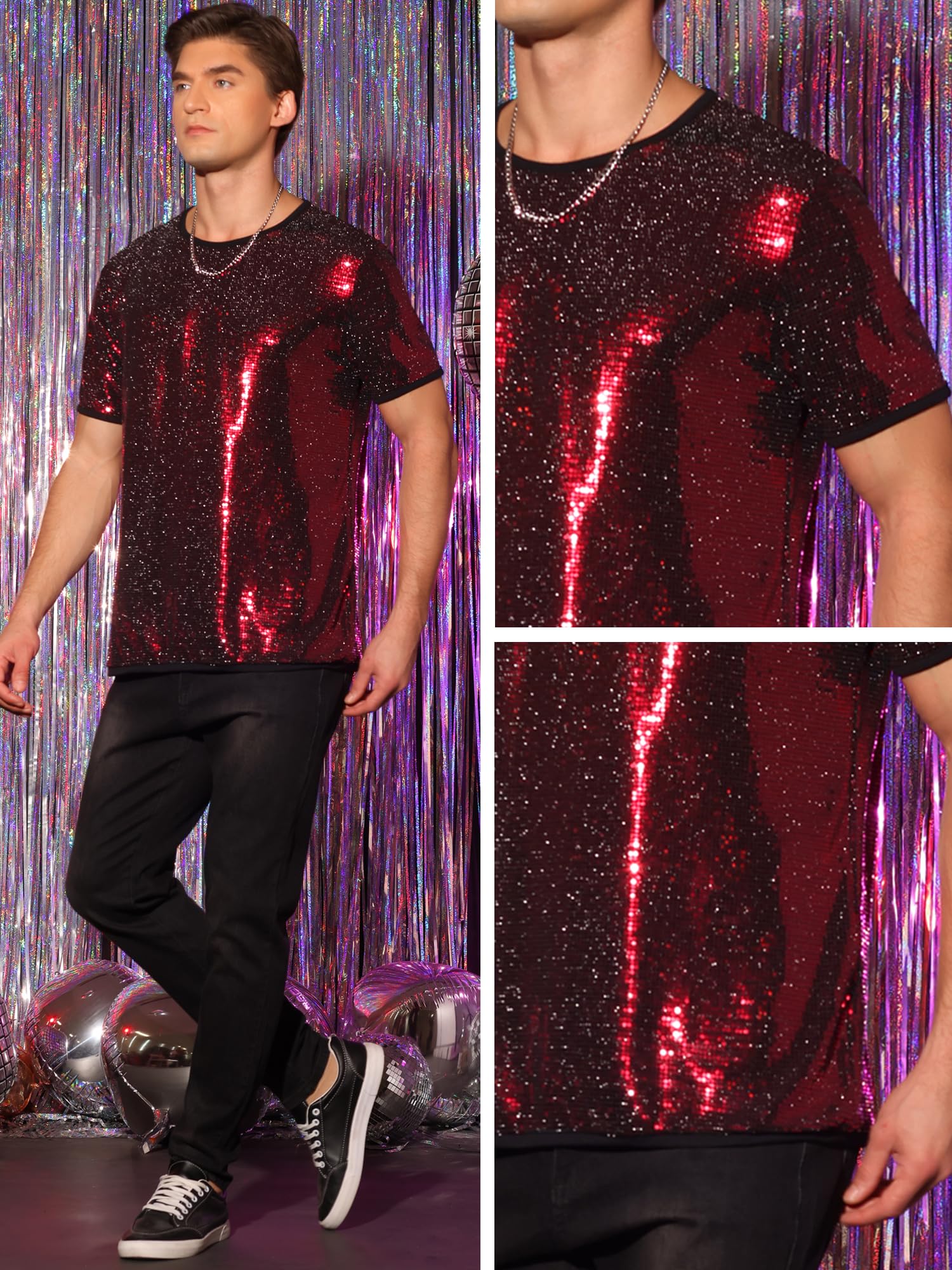 Lars Amadeus Camicie con paillettes da uomo a maniche corte girocollo magliette per feste in discoteca