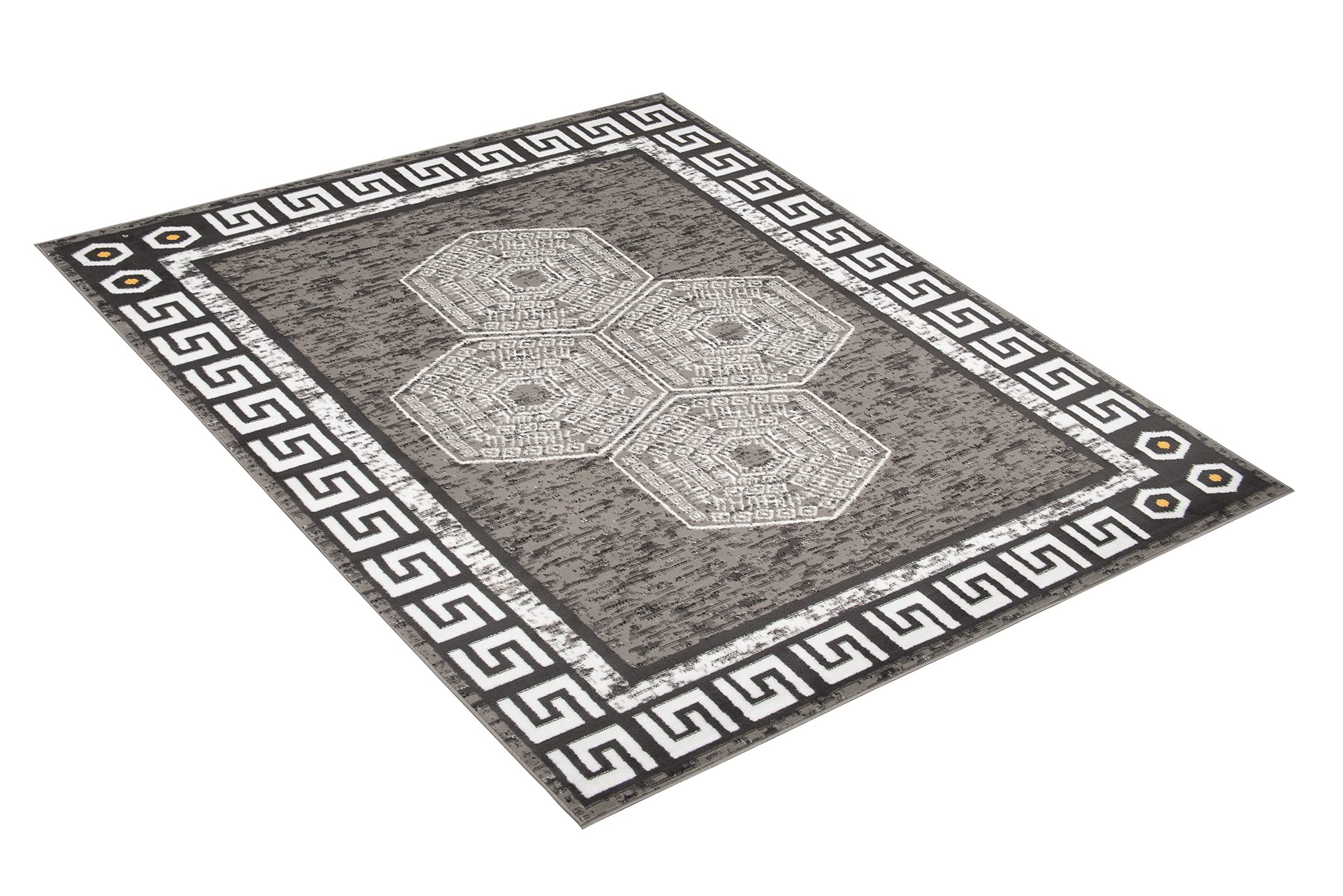 TAPISO Atena Tapis de Salon Chambre Ado Design Moderne Graphite Blanc Jaune Motif Grec Bordé Fin Poil Court 140 x 200 cm