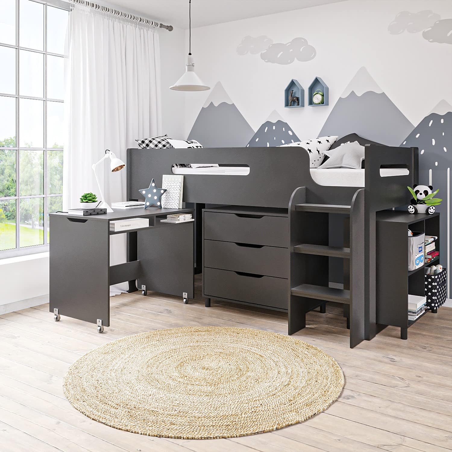 Dynamo Dark Grey Mid Sleeper Cabin Bed with Storage and Desk