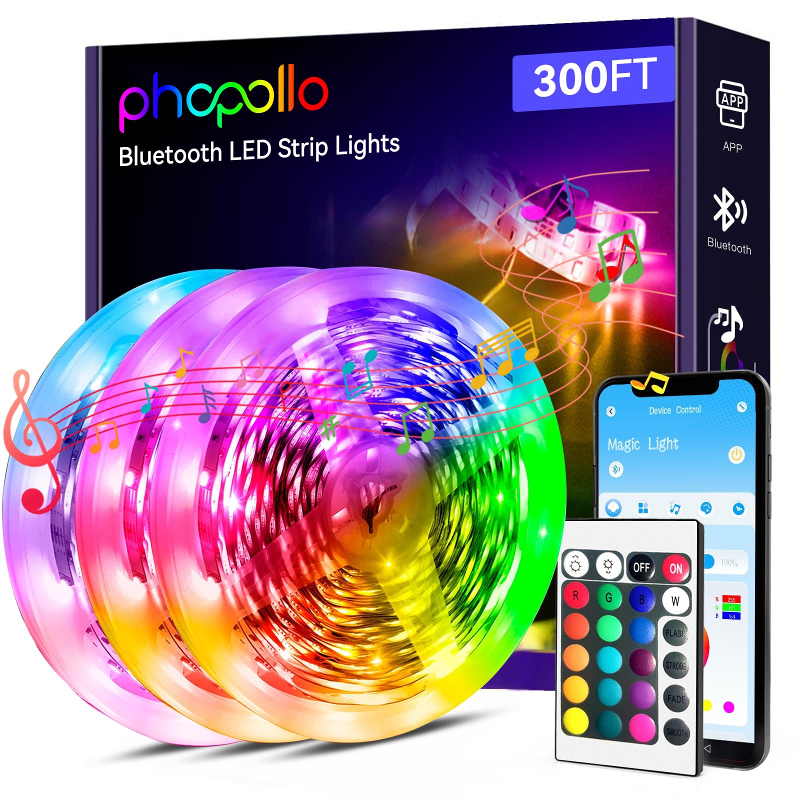 phopollo - Striscia LED Bluetooth da 24 V, 300 piedi (3 rotoli da 100 piedi), luci a LED che cambiano colore per camera da letto, decorazione della cucina, controllo delle applicazioni e
