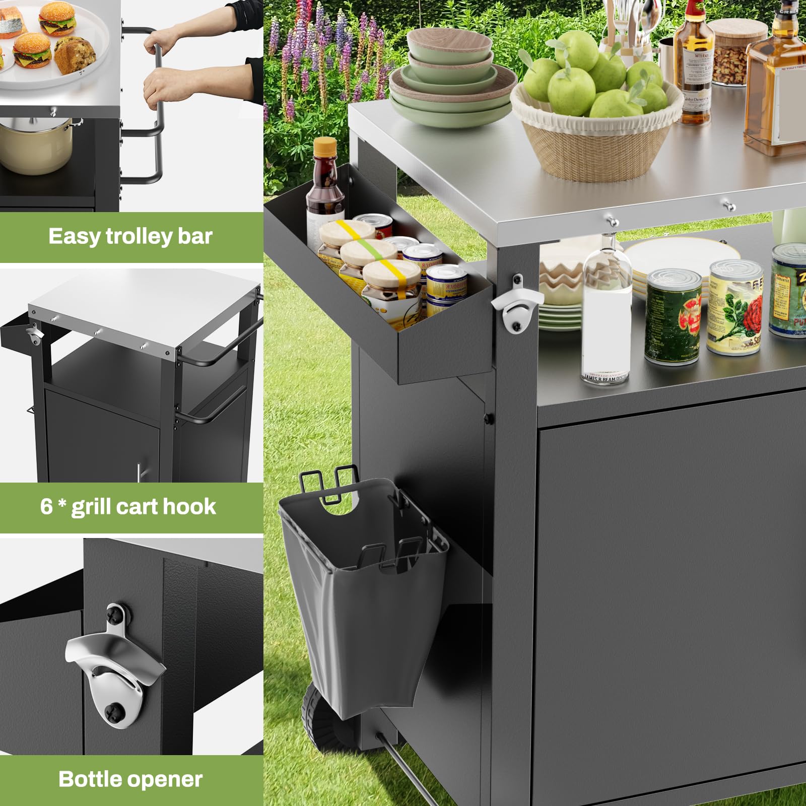 Carrello per griglia per barbecue da esterno con ganci per carrello e portaspezie per accessori per grigliare, nero