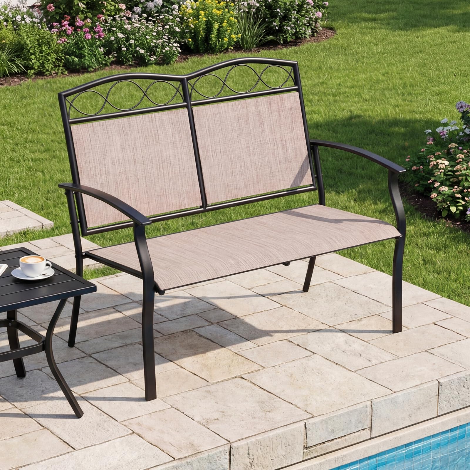 GIANTEX Banc Exterieur Jardin avec Dossier et Assise en Tissu Respirant, Charge 300 kg, Cadre en Métal Robuste avec Accoudoirs, Banquette Exterieur Jardin 2 Places pour Porche, Patio, Piscine, Marron