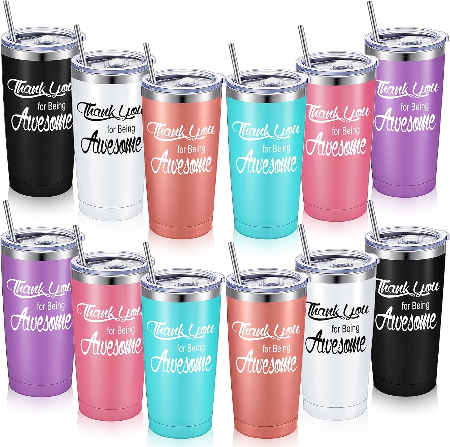 Jinei 12 Pack Thank You for Being Awesome Tumbler Bulk Employee Appreciation Gifts 20oz Insulated Stainless Steel Tumblers with Lid Straw Thank You Gift for Staff Team Coworkers (Classic Color)