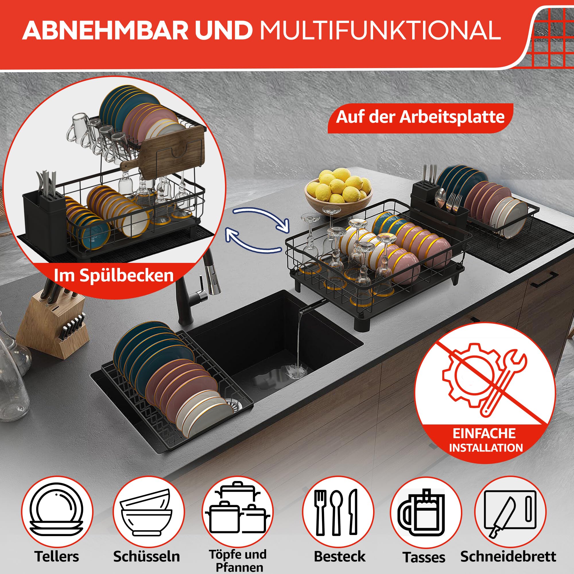Abtropfgestell Geschirr - Geschirrabtropfgestell mit Abtropfschale zur Spüle - Geschirrablage für Spüle - Einfach zu reinigen und ohne Werkzeug zu montieren. (2 Ebenen)
