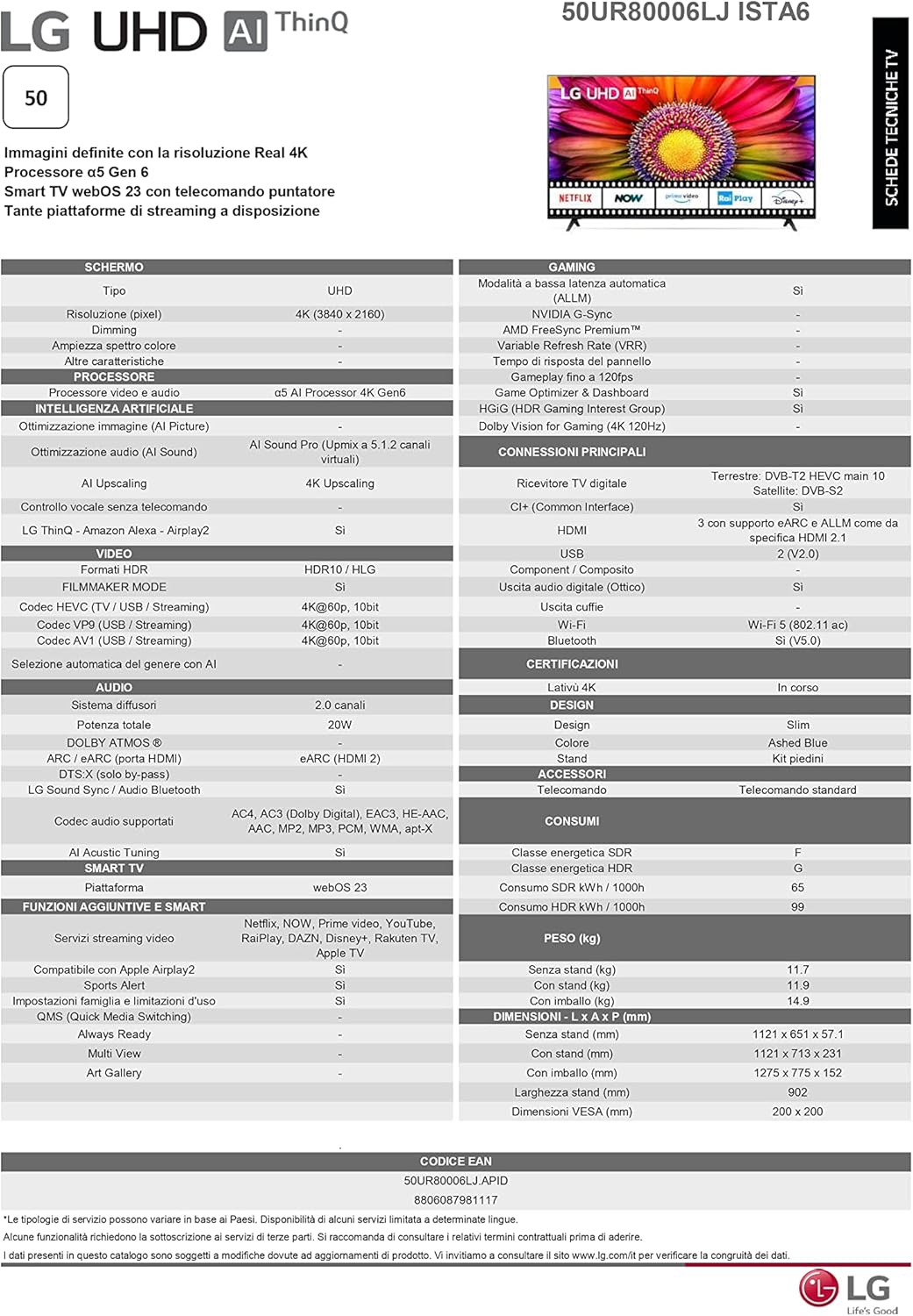 LG UHD 50, Smart TV 4K, 50UR80006LJ, Serie UR80 2024, Processore α5 Gen6, HDR10 Pro, Filmmaker Mode, Game Optimizer, Wi-Fi, webOS 23, AI ThinQ, Alexa, Sports Alert, Telecomando Puntatore LG UHD 50, Smart TV 4K, 50UR80006LJ, Serie UR80 2024, Processore α5 Gen6, HDR10 Pro, Filmmaker Mode, Game Optimizer, Wi-Fi, webOS 23, AI ThinQ, Alexa, Sports Alert, Telecomando Puntatore