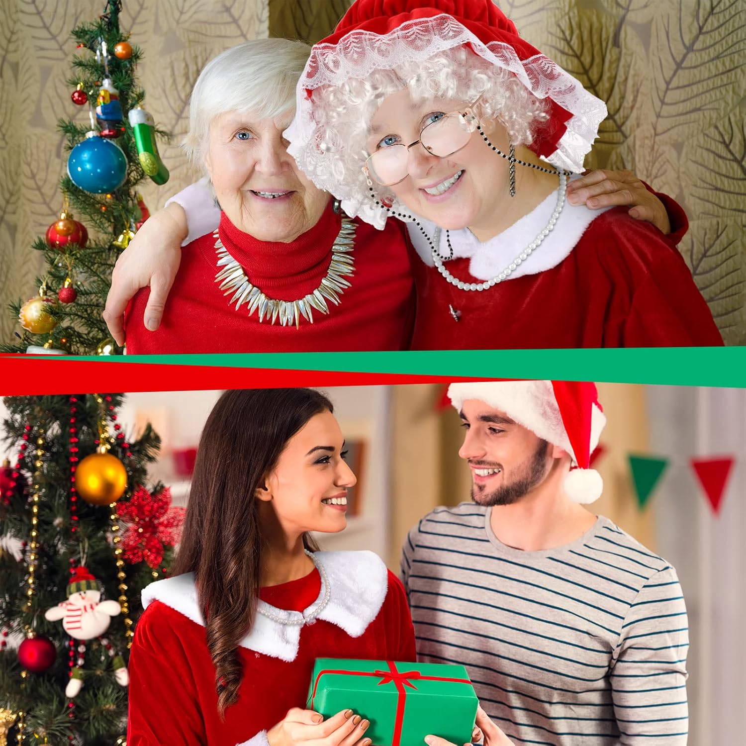 Yaomiao 9 Pcs Mrs. Santa Costume Women Santa Claus Costume for Women Christmas Bonnet Apron Wig for Christmas
