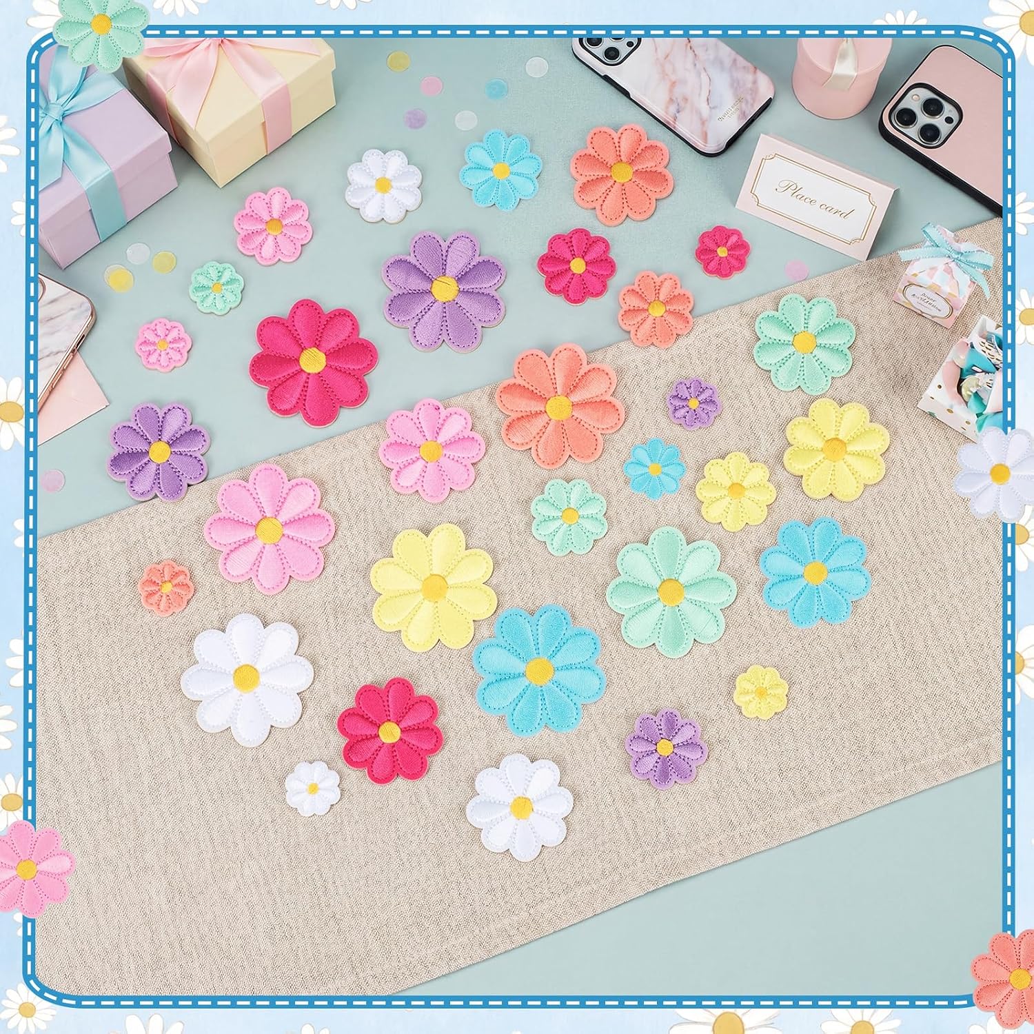 Norme 32 Pcs Self Adhesive Flower Iron on Patches Cute Flower Chenille Embroidered Cloth Patches Sew on Appliqué for DIY Decoration Clothes, Pants, Jackets, Hats, Backpacks, 4 Size