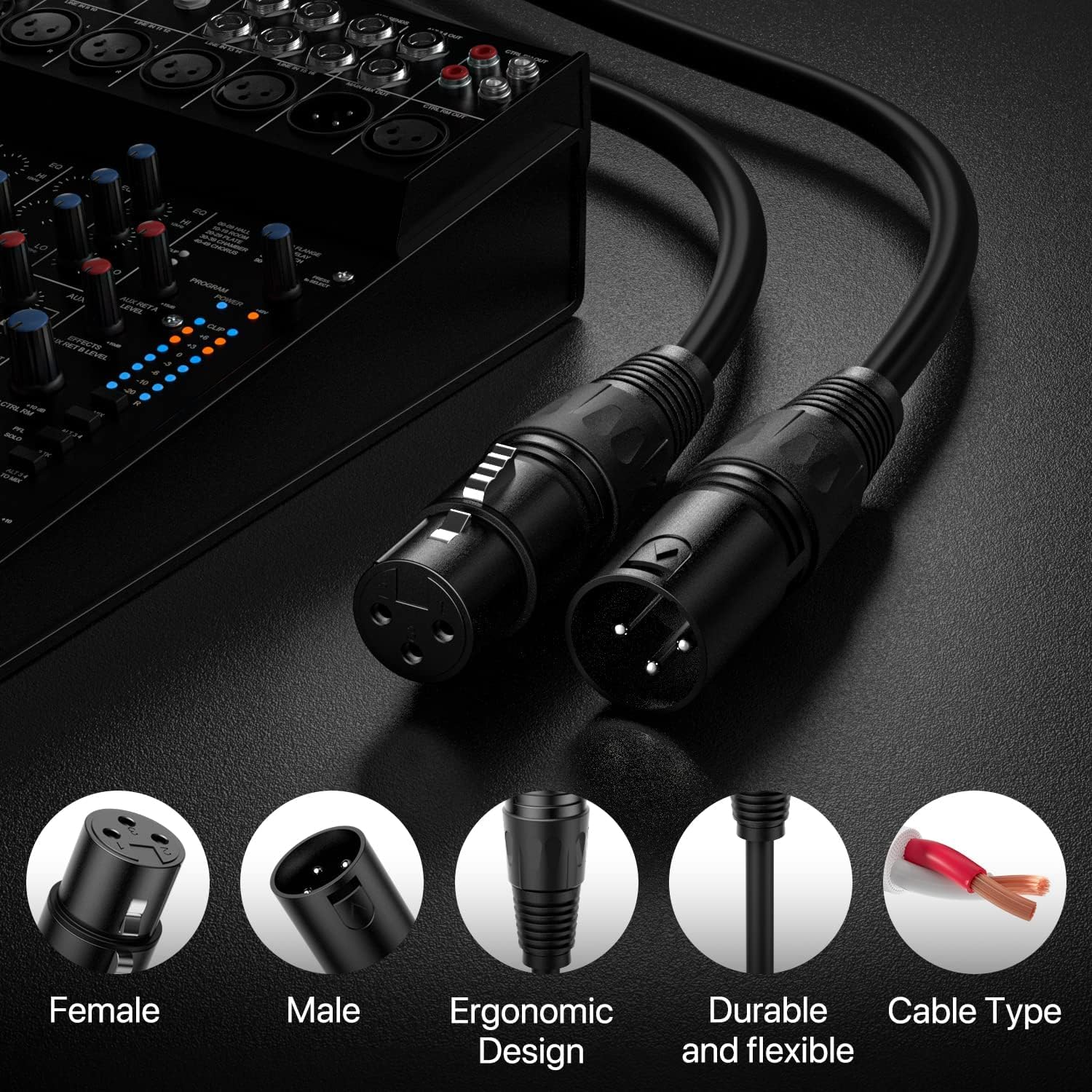 XLR Cable 10 Ft 6 Packs,Microphone Cables,Premium Balanced Microphone Mic Speaker Cable with 3-Pin XLR Male to Female DMX Cable,Black
