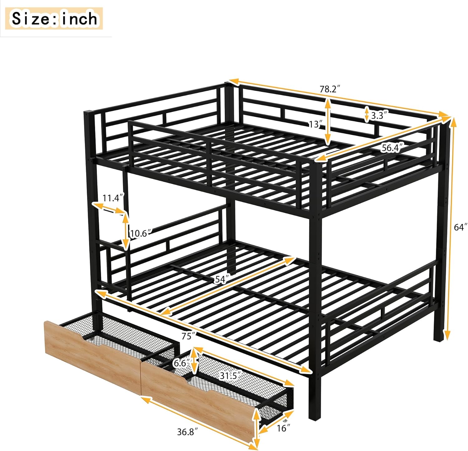 Bellemave Full Over Full Metal Bunk Bed dimensions diagram