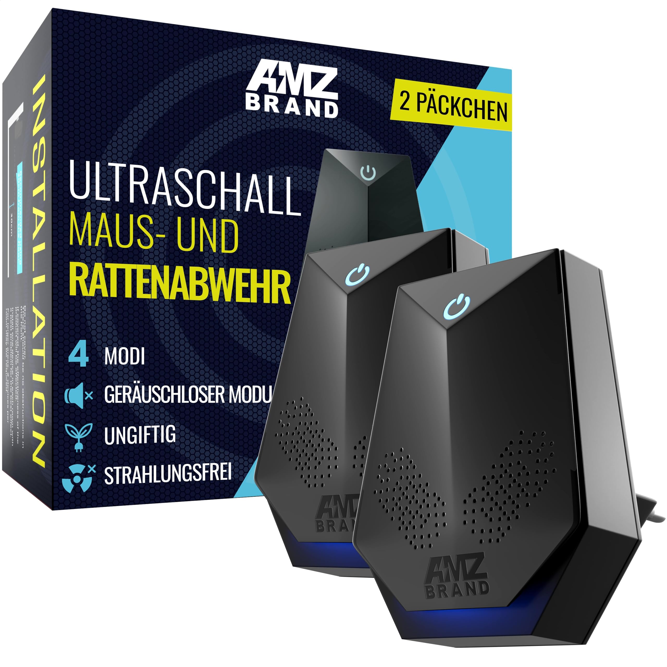 AMZ BRAND Ultraschall-Mäuseabwehr 2er Pack - Rattenabwehr - 4 Arbeitsmodi - Leiser Modus - Nicht-Toxisch - Wirksam Gegen Mäuse und Ratten - Strahlungsfrei