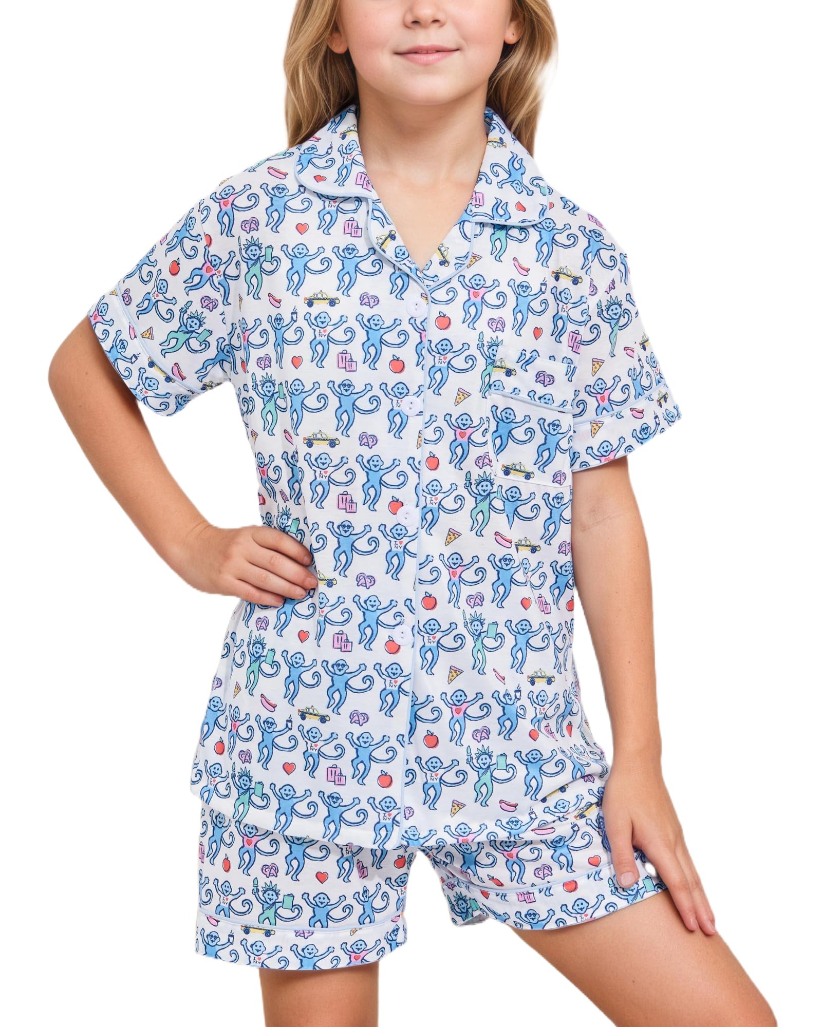 Girls Pajamas Sets, Kids Monkey Button Down Sleepover Loungewear
