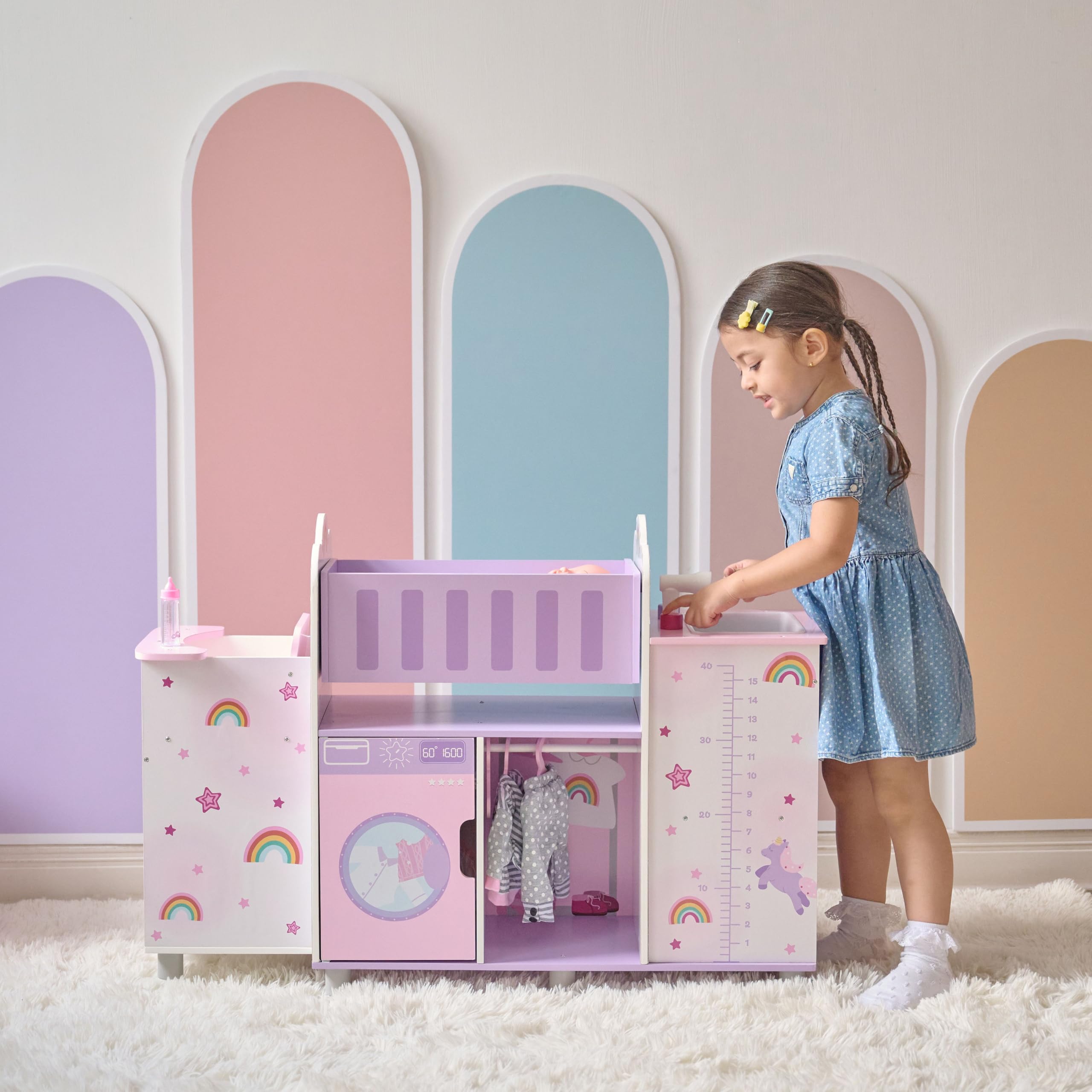 Olivia’s Little World Fantasy Care Doll Nursery 6-in-1 Unicorn Themed Baby Station with Cradle, Washer, High Chair, Sink & Closet with 3 Wooden