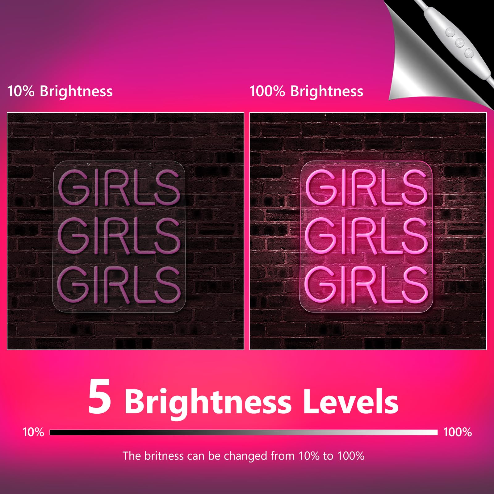 Flixyticy GirlsGirlsGirls Neon Signs, Pink Words LED Hanging Light Sign USB Powered Dimmable for Girls Room Women Bedroom - Image 3