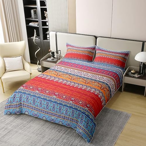 Juego de funda de edredón bohemia 100% algodón, tamaño matrimonial, colorido floral, bohemio, a rayas, juego de ropa de cama ultra suave de