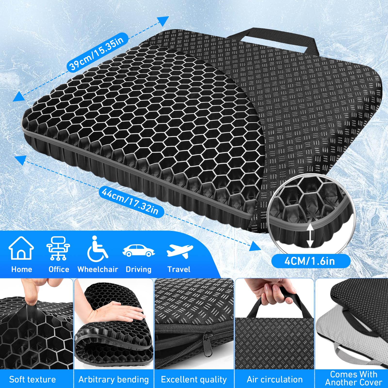 Vmingo Cuscino Gel Per Sedia,Cuscino antidecubito-Cuscino gel Elastico per Il Sostegno del Sedile,Fresco e Traspirante, Cuscino per Sedia Ufficio per Ridurre la Pressione Su Fianchi (Nero)