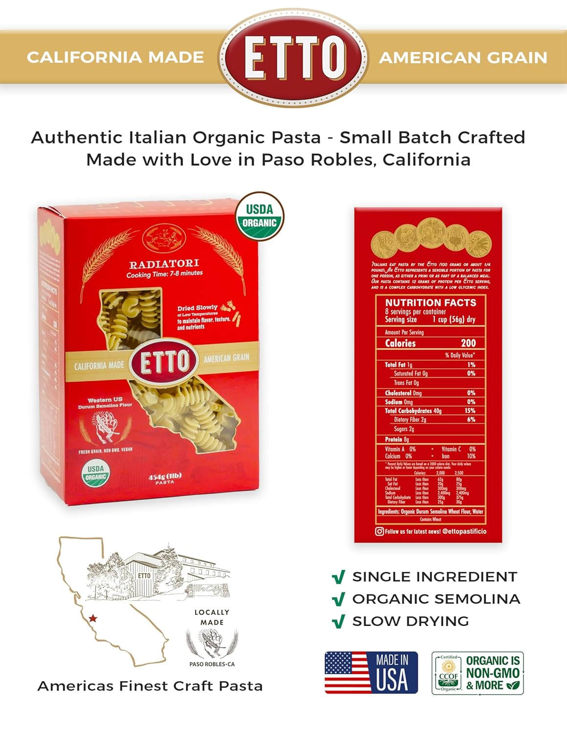 Etto Pasta- Organic Radiatori Pasta- Single Ingredient- Non-GMO Pasta- Vegan, Vegetarian, Organic Pasta. Protein-rich, All Natural- Durum Wheat Semolina Gourmet Pasta. Small Batch Crafted Pasta. Proudly Made in California- 6 Boxes (6 Pounds)