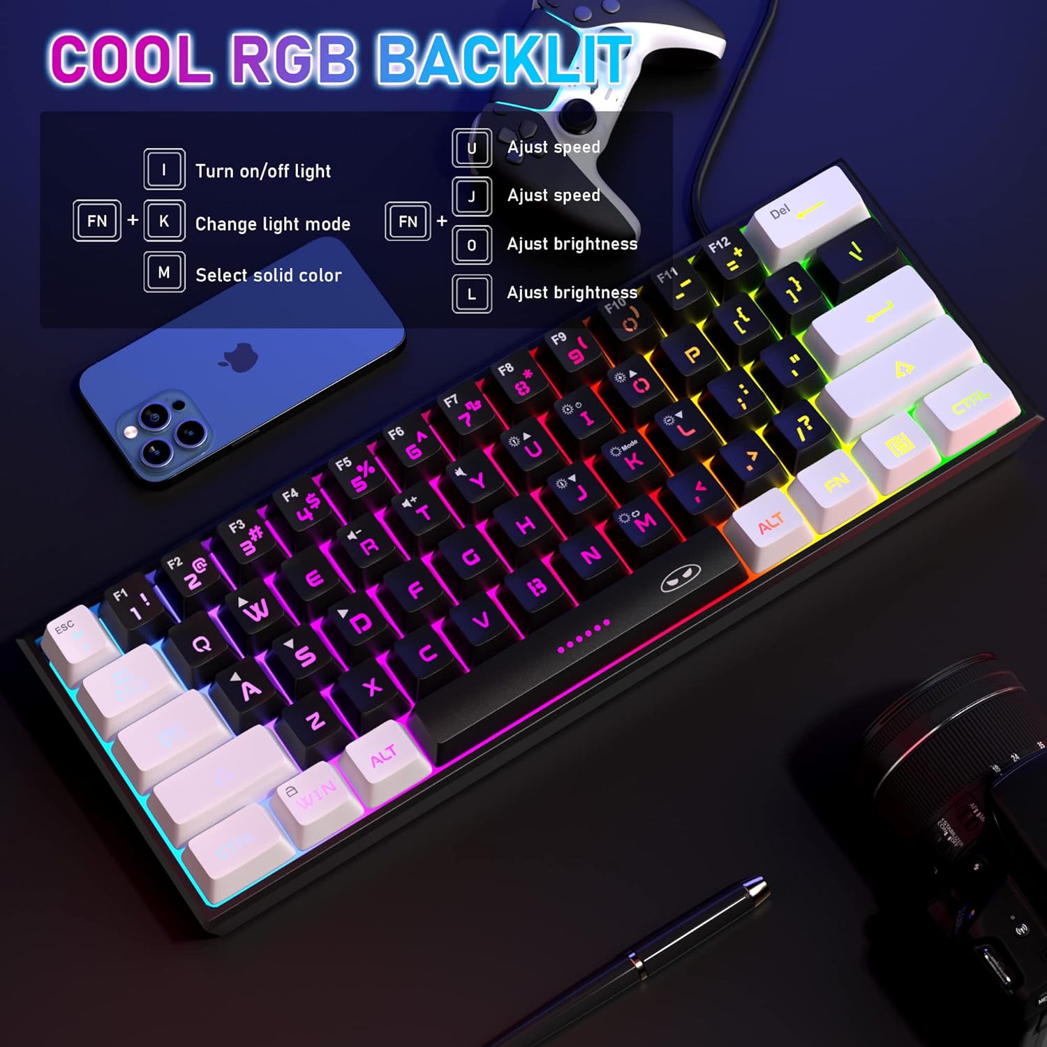 Portable Wired Gaming Keyboard, RGB Backlit Compact Mini Keyboard, Waterproof 61 Keys Keyboard for PC/Mac Gamer, Typist, Travel, Easy to Carry on Business Trip(White Black)