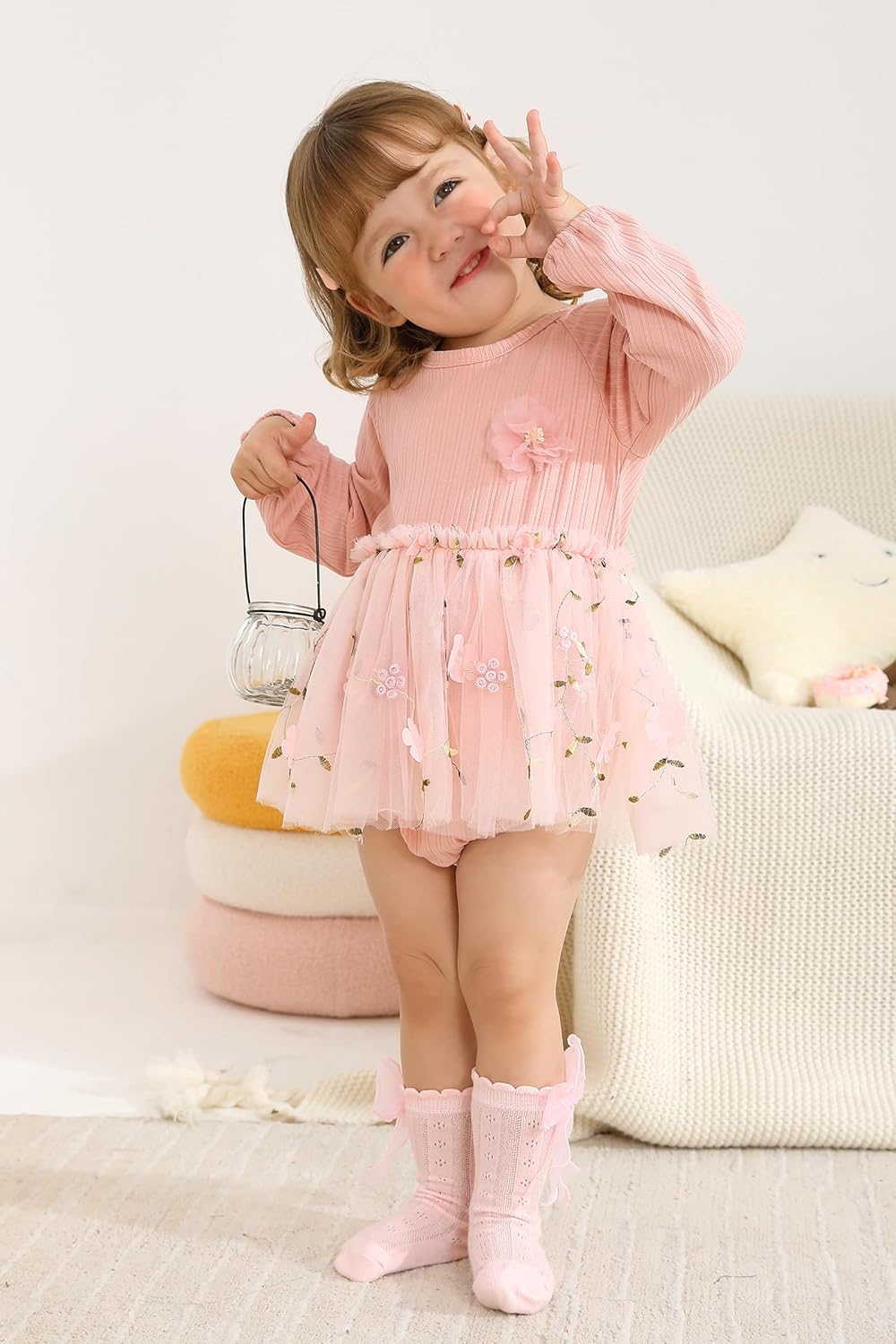 YOUNGER TREE Newborn Baby Girl Romper Dress Outfits Long Sleeve Floral Tutu Bodysuit with Leggings Hat Infant Fall Clothes - Image 4