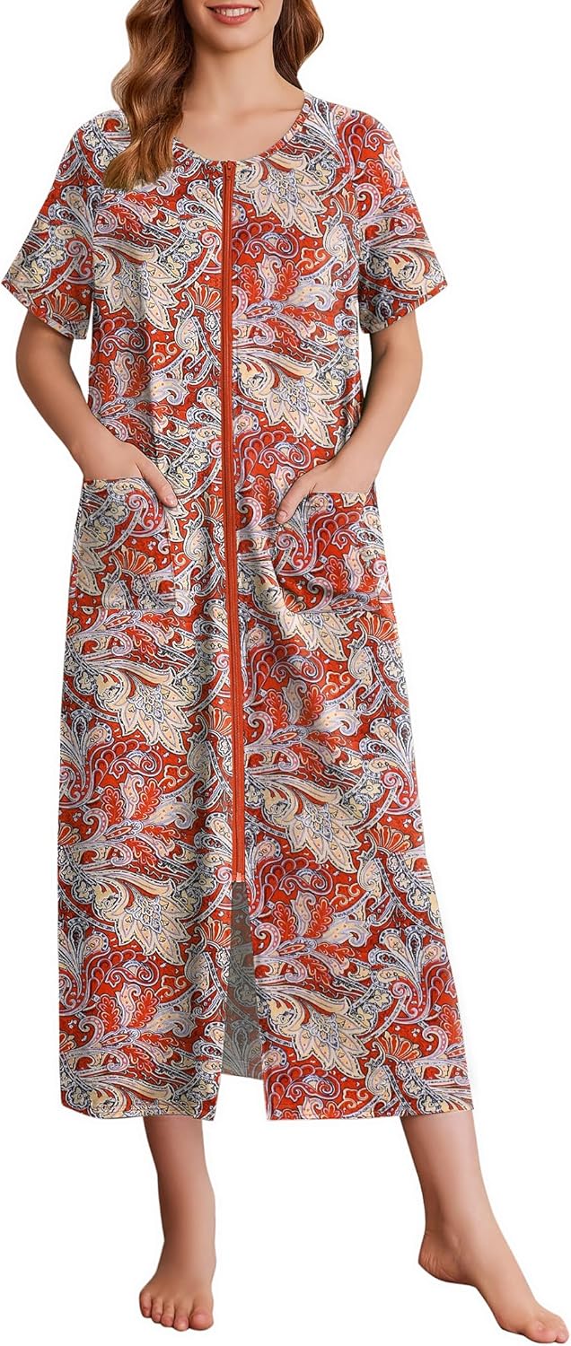 Ekouaer Women's Zipper Robes Full Length Short Sleeve Housecoats House Dress with Pockets Loungewear Nightgown Red Flower,S