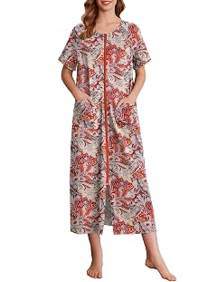 Ekouaer Womens Zipper Robes Full Length Short Sleeve Housecoats House Dress with Pockets Loungewear Nightgown Red Flower XL