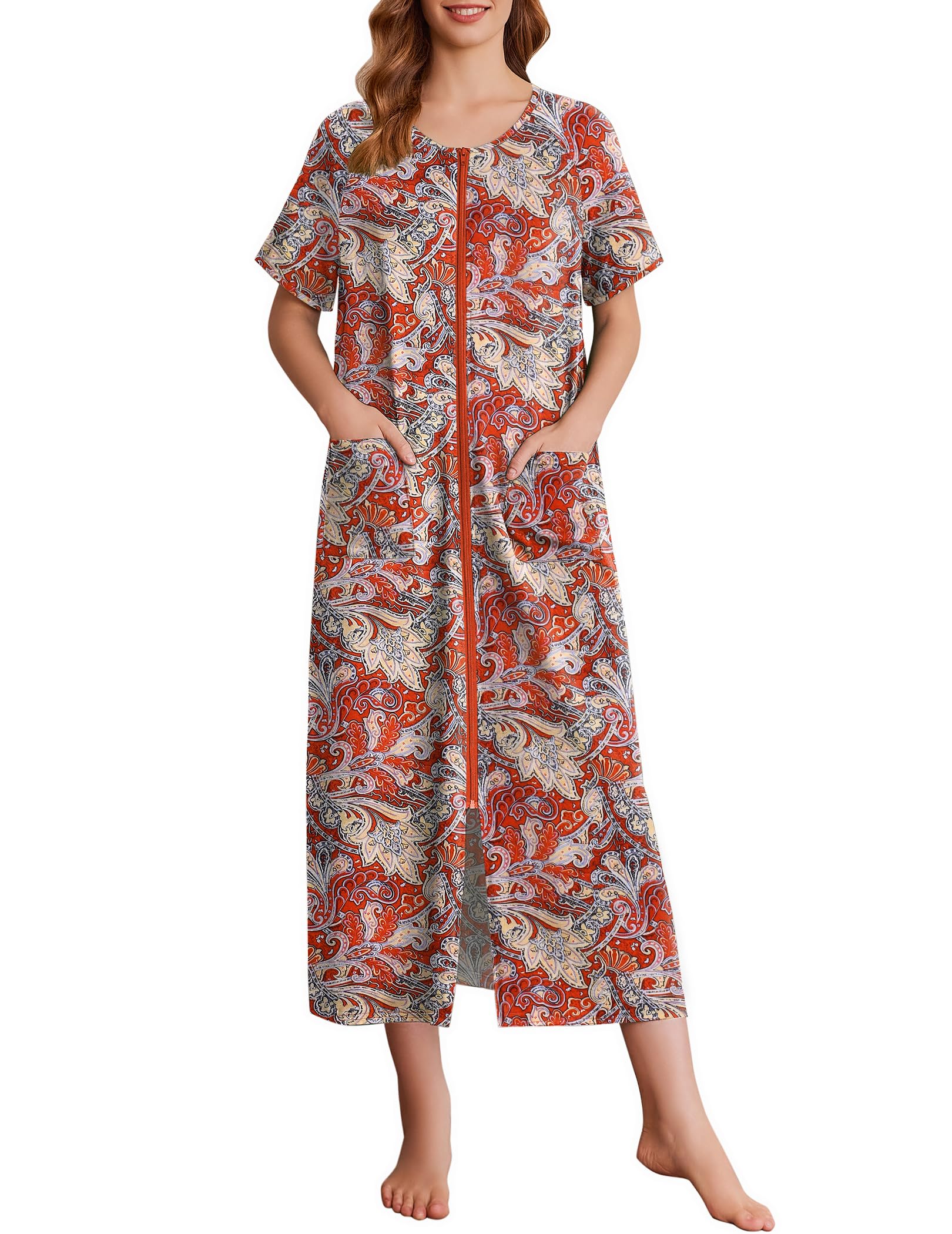 Ekouaer Womens Zipper Robes Full Length Short Sleeve Housecoats House Dress with Pockets Loungewear Nightgown Red Flower XL