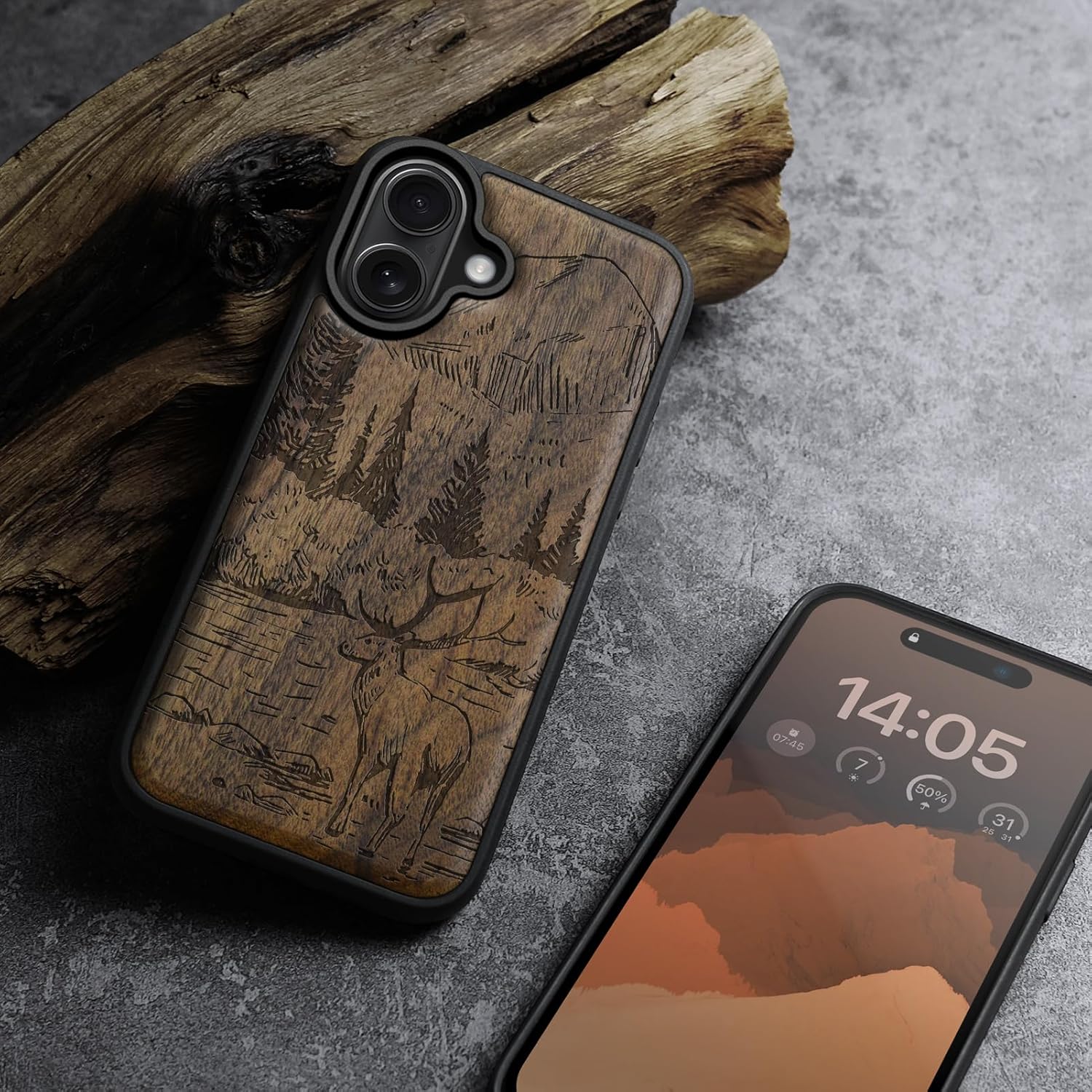 Carveit Magnetic Wooden Case for iPhone 16 Case, Wood Artisan Engraved & Black Soft TPU Shockproof Cover, Compatible with MagSafe Wireless Chargers (Mountains and Deer) Walnut - Image 4