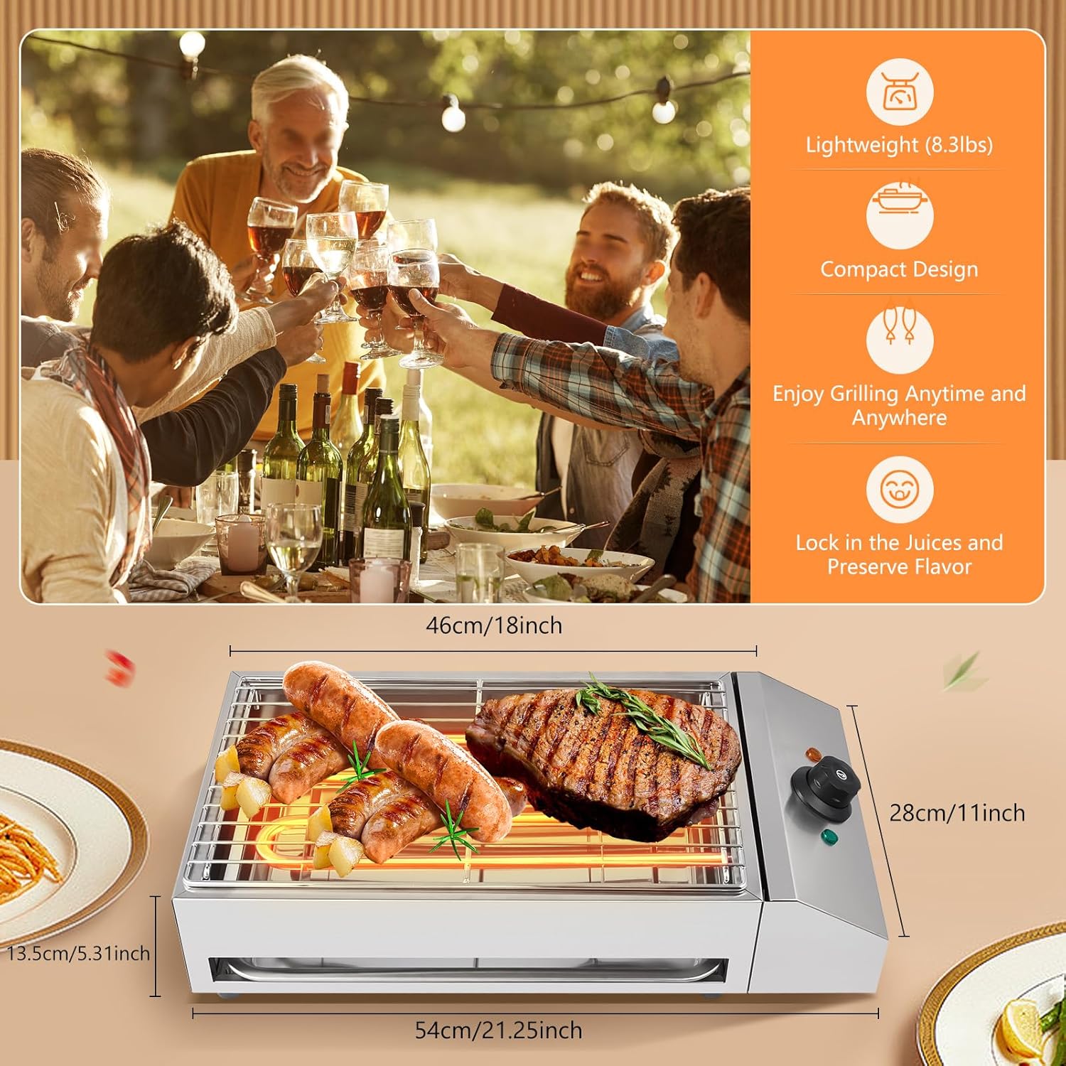 1800w Countertop Electric Bbq Grill, Stainless Steel Barbecue Griddle, Smokeless Portable Cooking Oven For Restaurant Home Camping Picnic, Adjustable Therm Control 122°F-572°F