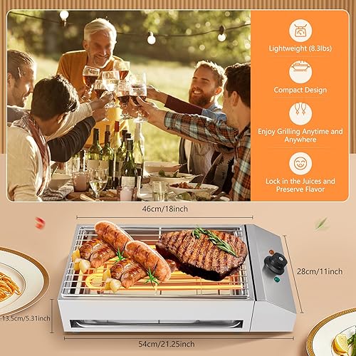 Miniatura 7 de Parrilla eléctrica para barbacoa sin humo, antiadherente para interiores y exteriores, parrilla de barbacoa eléctrica de 1800 W con control de