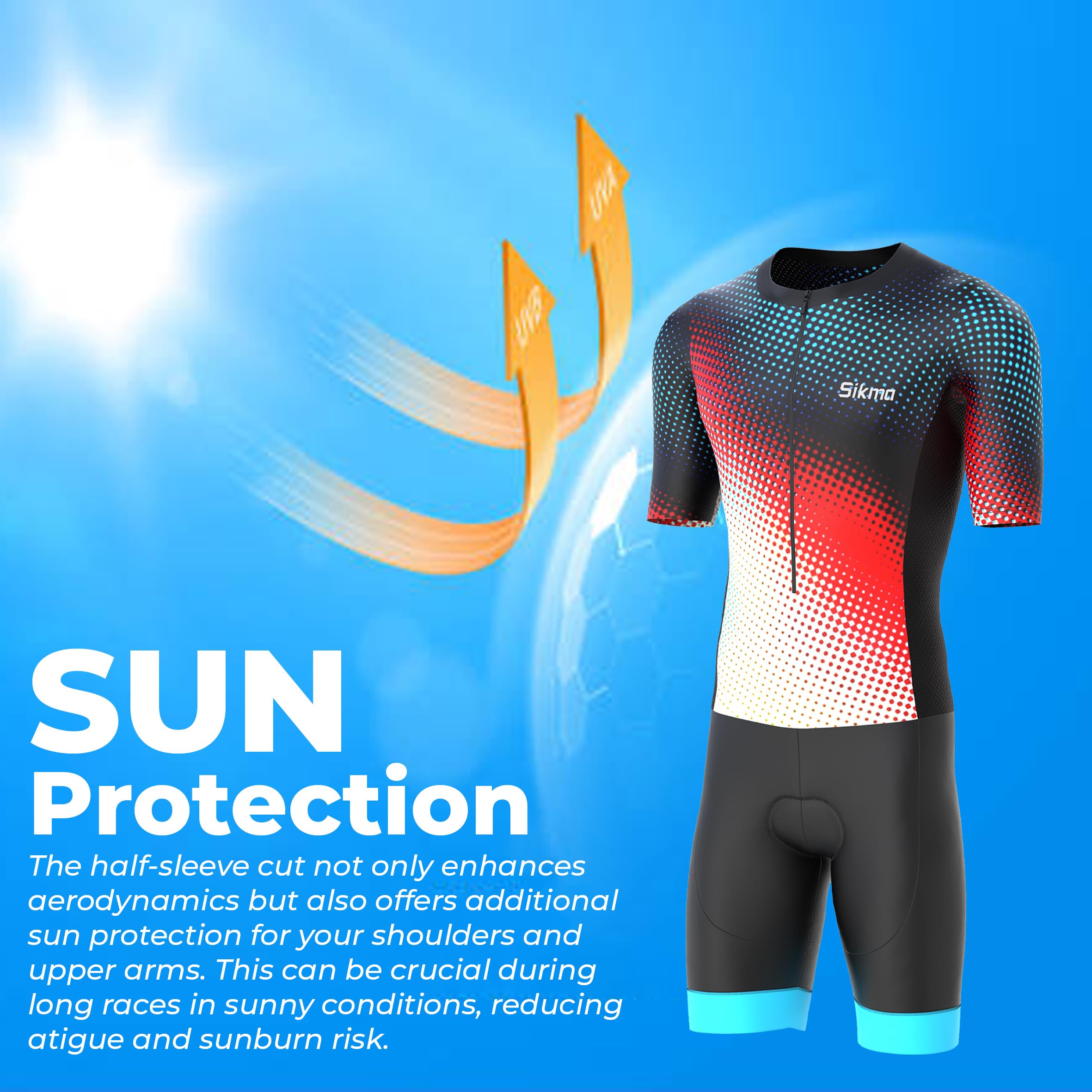 Sikma Combinaison de triathlon à manches mi-longues pour homme en maille respirante rembourrée avec réflexion haute visibilité, une poche arrière et bande élastique pour les jambes