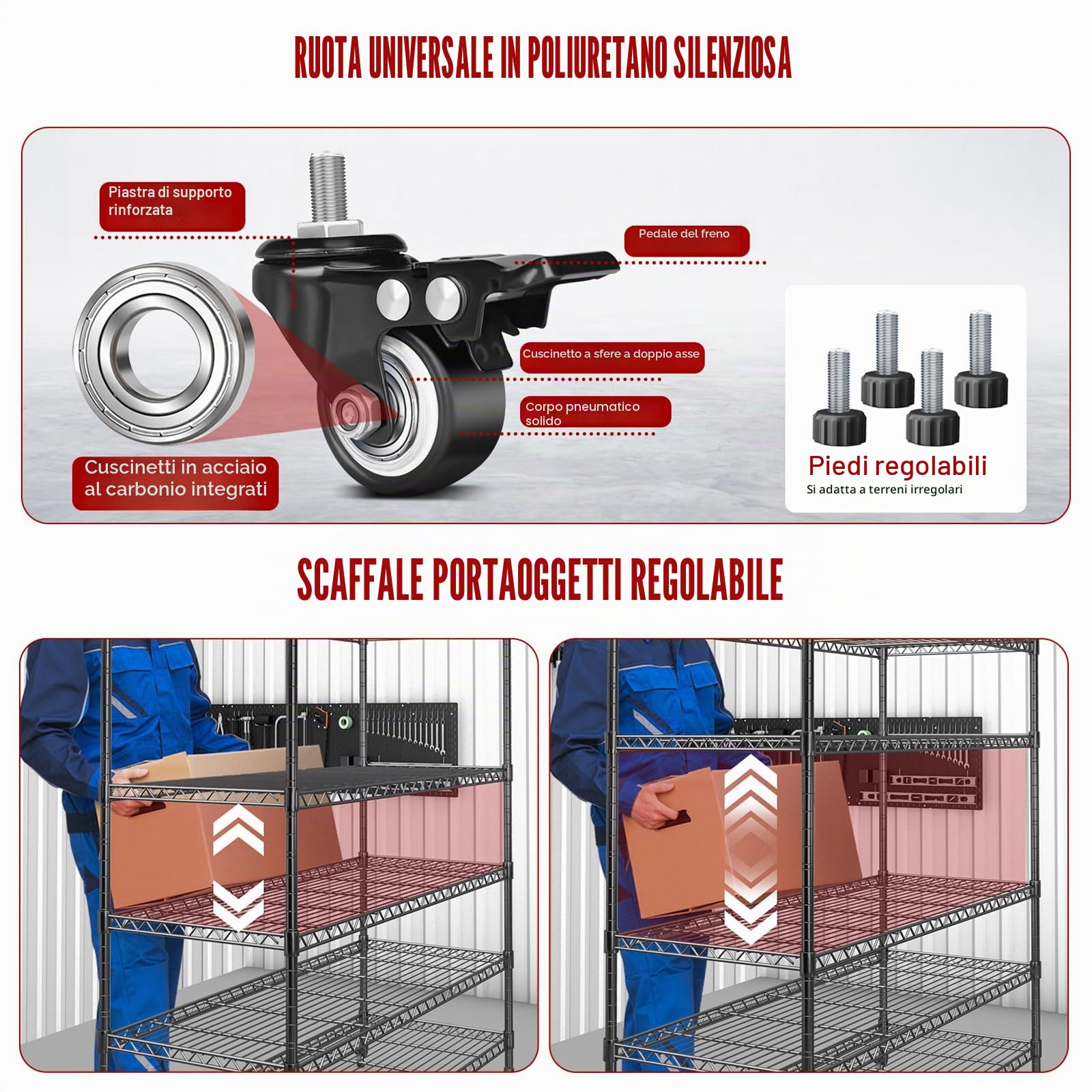 6 Ripiani Scaffale Metallo,Scaffalatura Mobile con Ruote e Piedini Regolabili,Scaffalature Verticali Adatte a Cucine, Garage e Dispense,Scaffali Garage Capacità di carico 1700 kg,118 × 46 × 204 cm