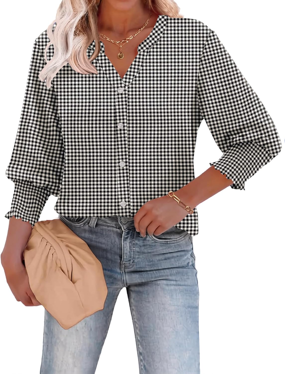LOMON Button Down Shirts for Women 3/4 Length Sleeve Business Casual Blouses 2026 Summer Tops - Image 2