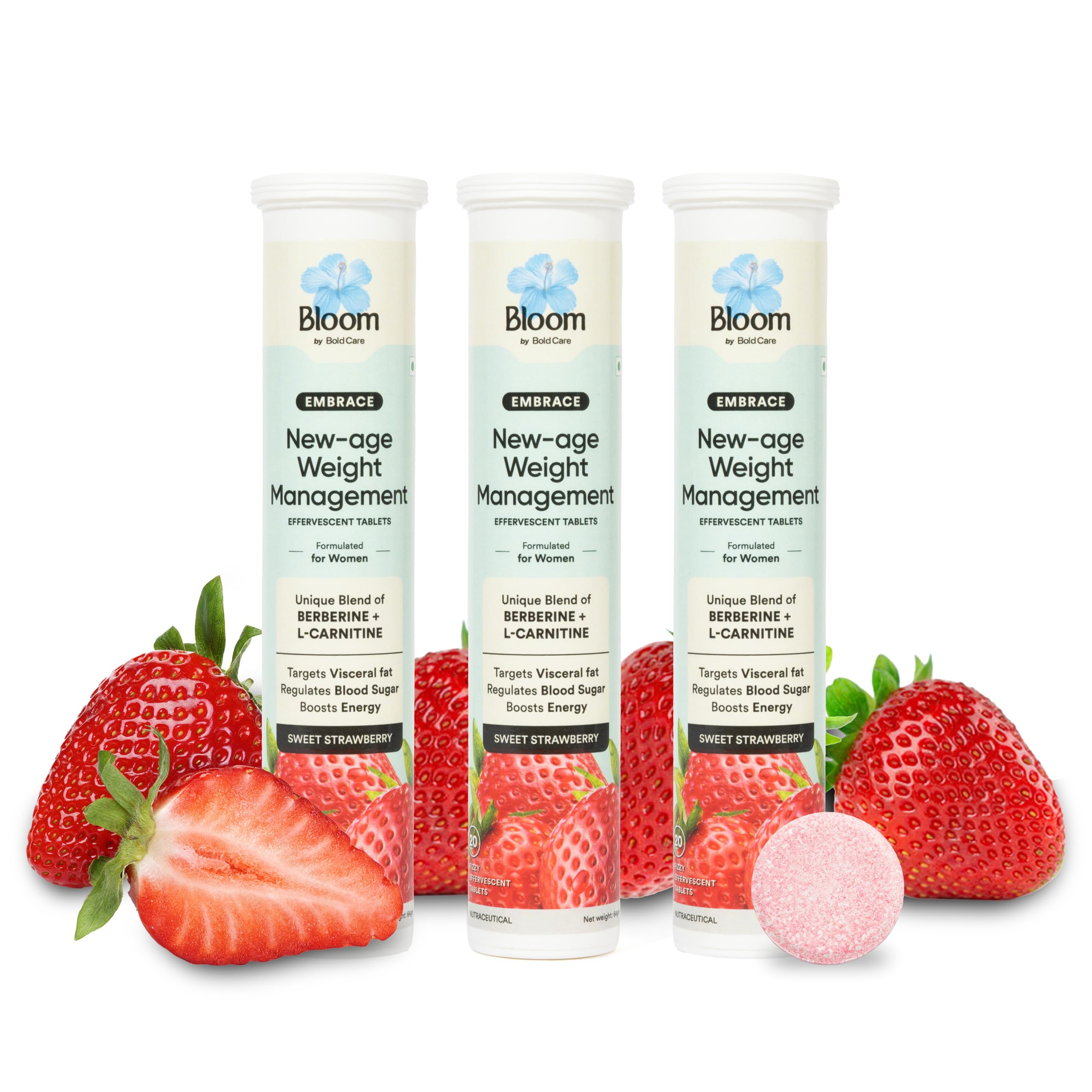 Bloom by Bold Care Berberine + L-Carnitine Effervescent Tablets | 60 Tablets (Pack of 3) | Natural Formula for Weight Management | Turns Fat into Active Energy | Strawberry Flavour