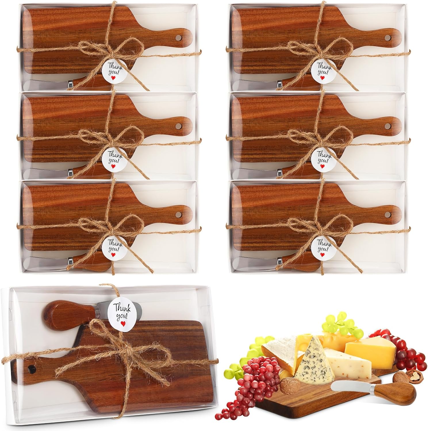 Tioncy 6 Pack Cheese Board and Cheese Spreader Knive Set Cutting board bulk with Gift Boxes Mini Charcuterie Boards Serving for Christmas Wedding Bridal Shower Birthday Supplies(Acacia Wood)