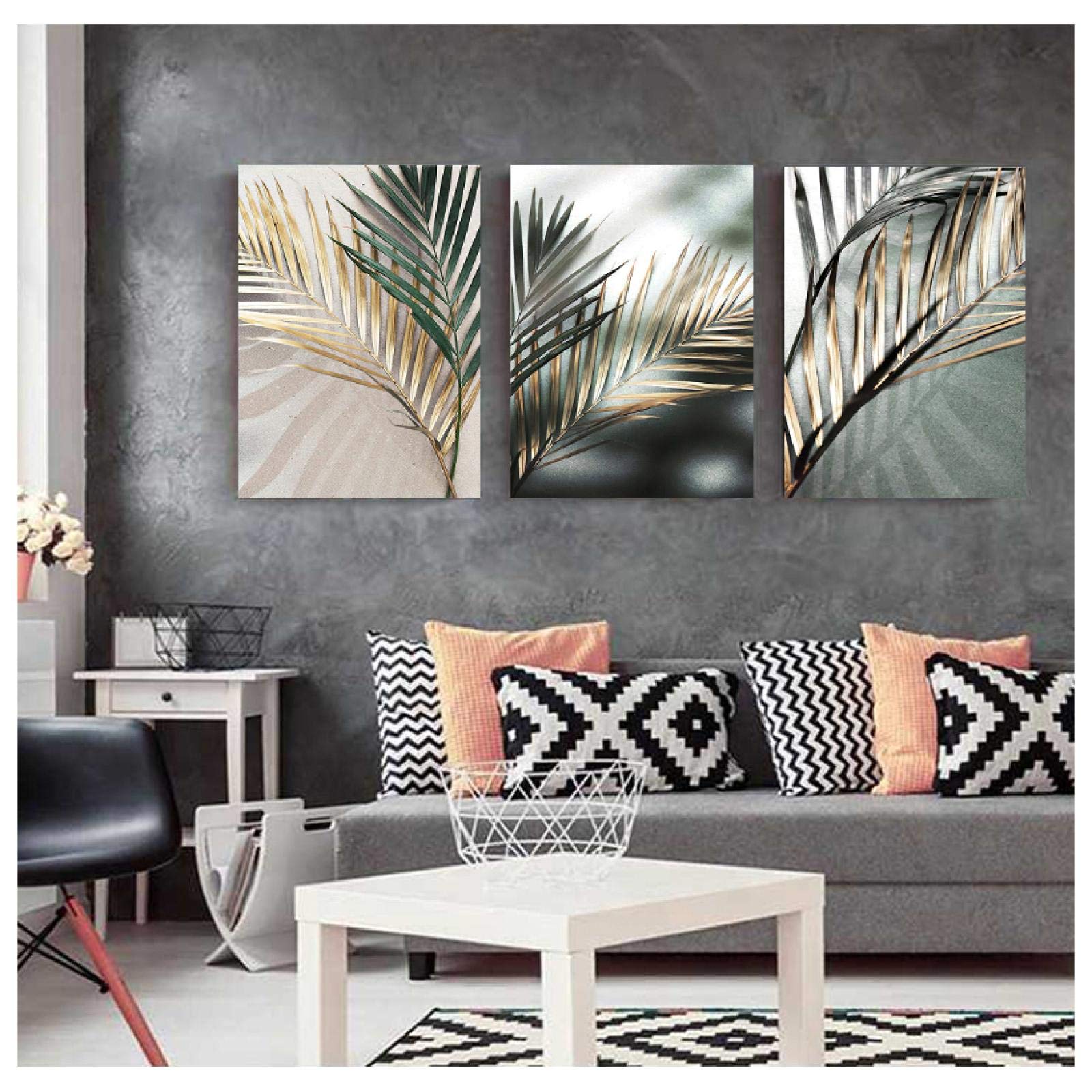 Arte de la pared nórdica Hoja de palma dorada Planta Lienzo Pintura Póster Impresión Decoración escandinava Imagen Obra de arte Decoración para el hogar 40x80cmx3 Sin marco
