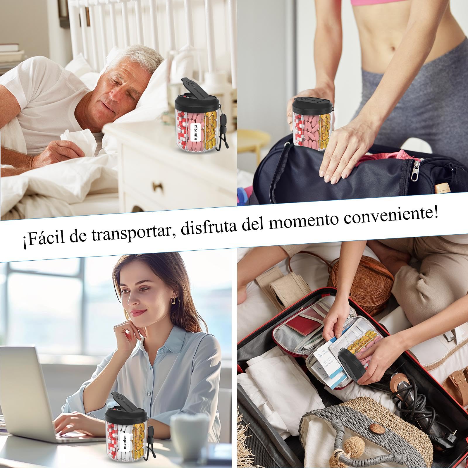 Organizador de pastillas con 7 compartimentos grandes, dispensador de pastillas para viajes, organizador de suplementos con diseño antimezclas, pastillero sin BPA con 20 etiquetas, negro — view 5