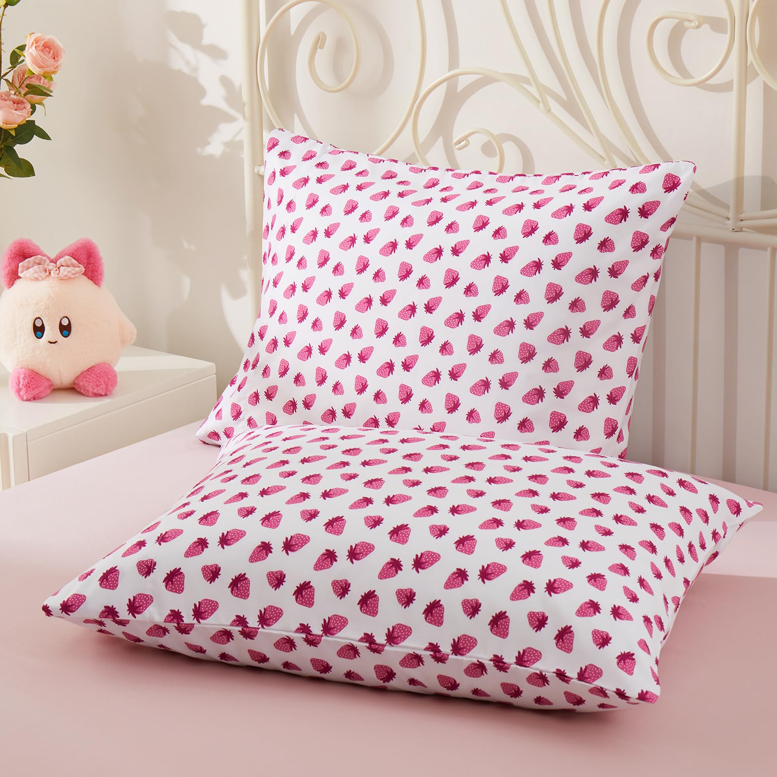 Vonty Kids Pillowcase Pink Strawberry Printed Standard Pillow Cases, Microfiber Kids Pillow Cases for Girls - Soft & Breathable 20x26 Pillow Covers(1Pcs)-image-26