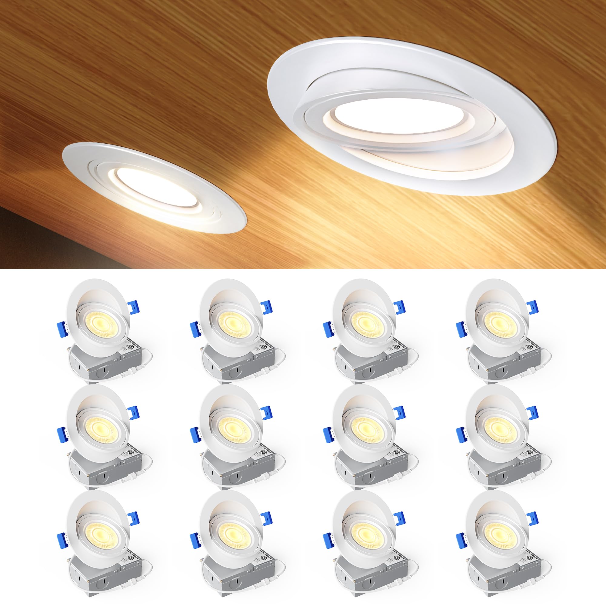 Photo 1 of Ensenior 12 Pack 4 inch LED Gimbal Led Recessed Light with Junction Box, 2700K-5000K 5CCT, 360°+90° Adjustable Directional Eyeball Lighting, Dimmable, CRI90+, 900LM, 9W=85W, 120V-ETL&FCC
