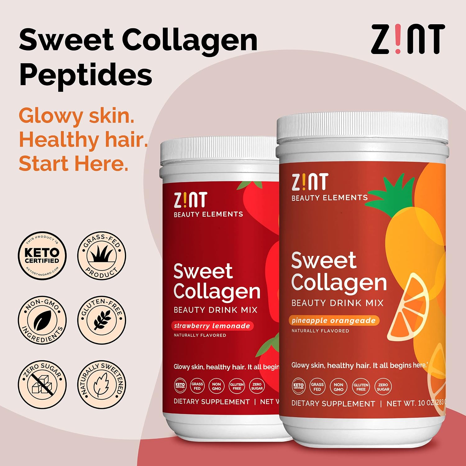 Zint Sweet Collagen Powder Beauty Drink Mix (Strawberry Lemonade): Delicious Hydrolyzed Collagen Peptides Protein Supplement - Grass-Fed, Zero Sugar, Non-GMO, Gluten-Free