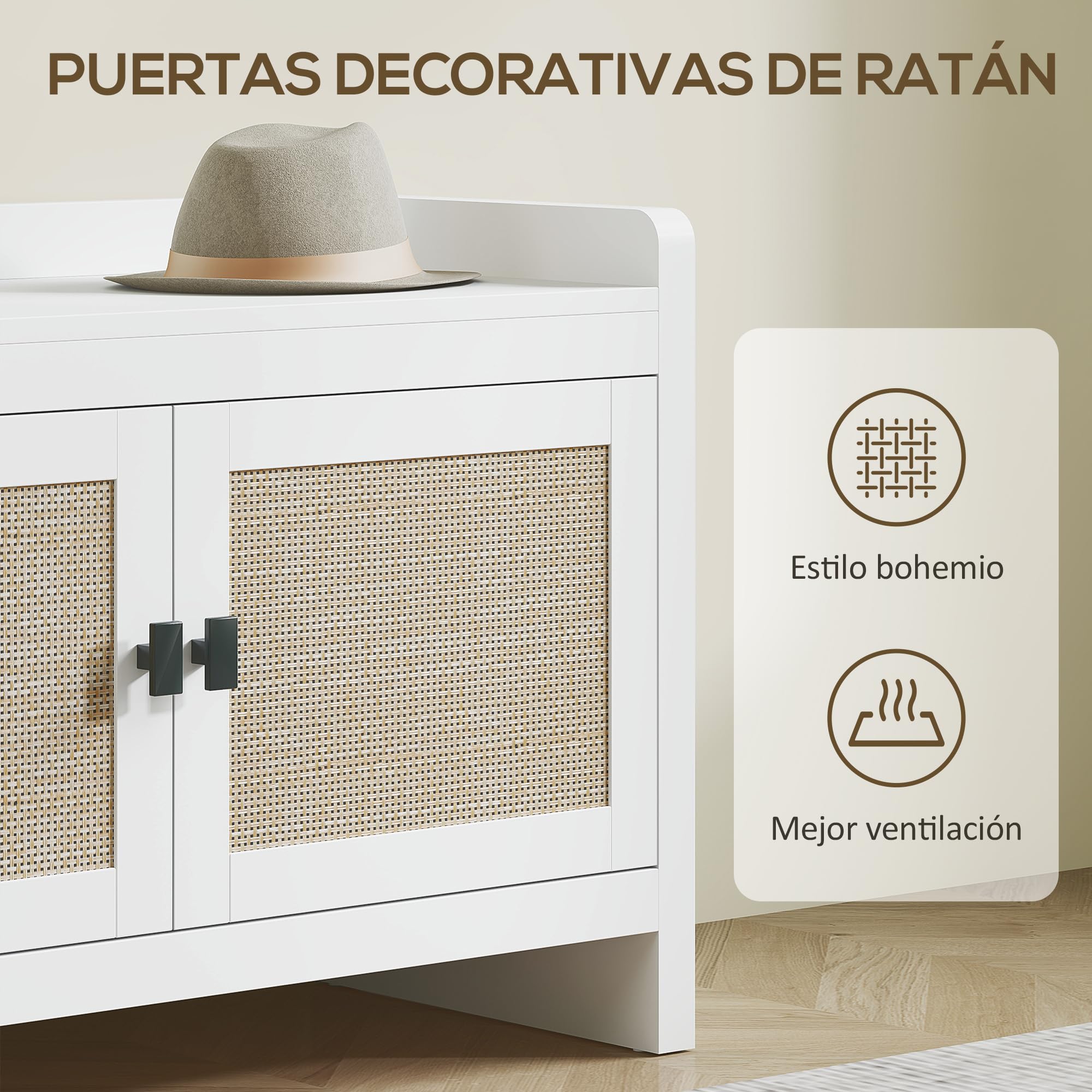 HOMCOM Banco Zapatero Bohemio Mueble Zapatero 8 Pares 80x35x52 cm Blanco | Banco de Almacenamiento con Frentes de Ratán, Puertas, Estante Extraíble, para Dormitorio o Entrada